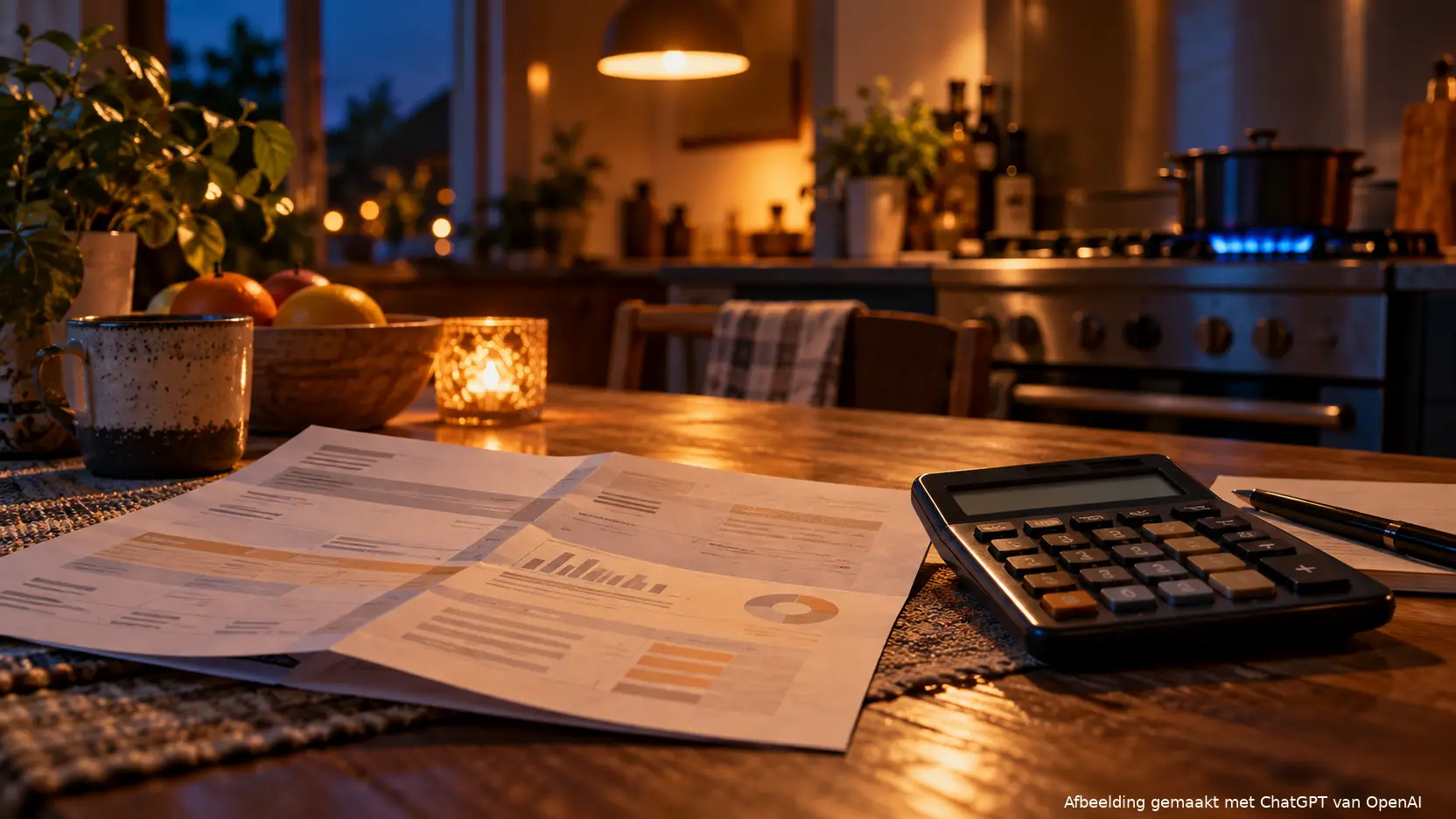 Energierekening en rekenmachine op de keukentafel met op de achtergrond een brandende gasvlam