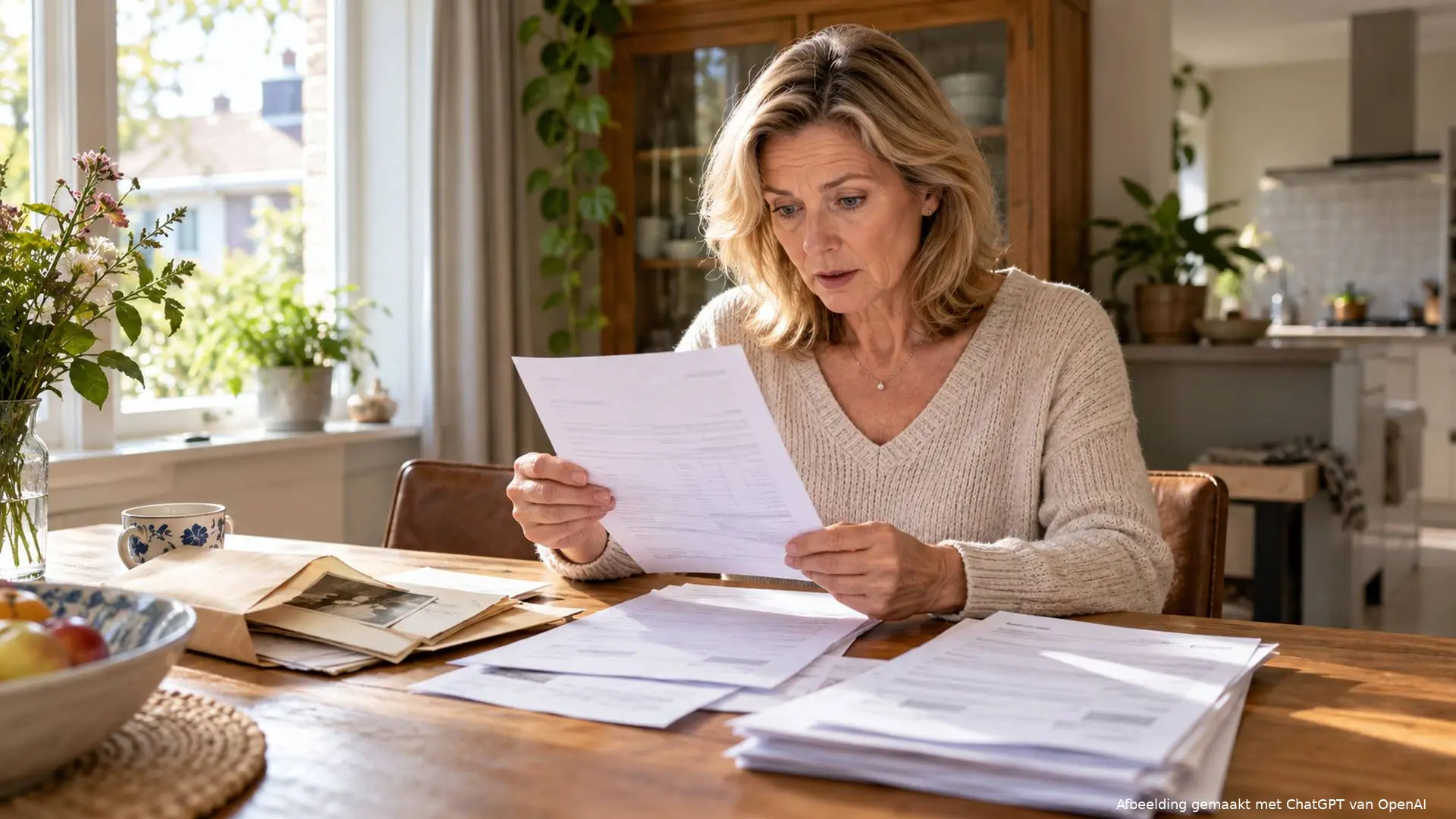 Illustratie van een vrouw die aan de eettafel verrast naar een bankafschrift tussen familiepapieren kijkt.