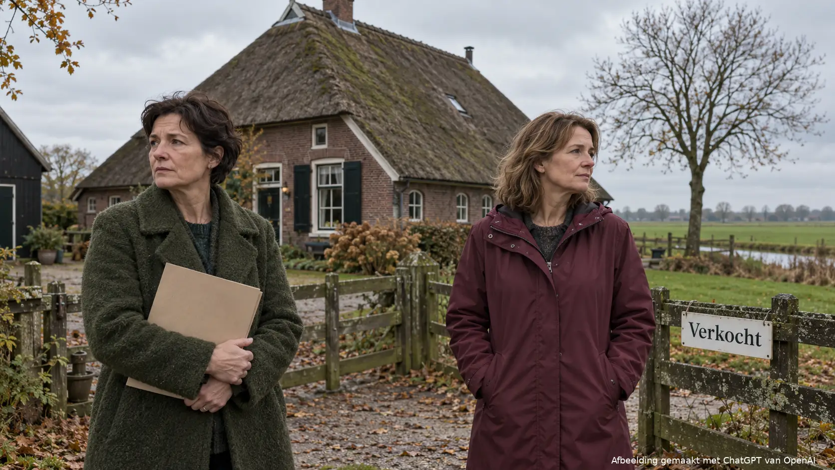 Twee vrouwen staan op afstand van elkaar op het erf van een verkochte boerderij met rieten dak.