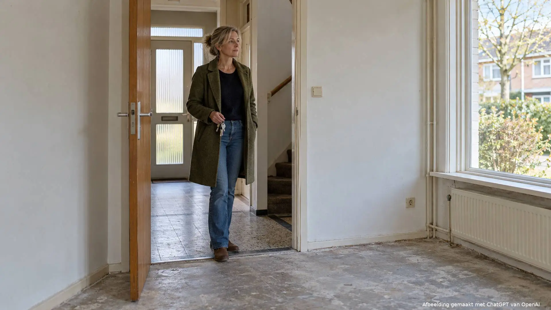 Vrouw houdt huissleutels vast in de hal van een leegstaande woning.