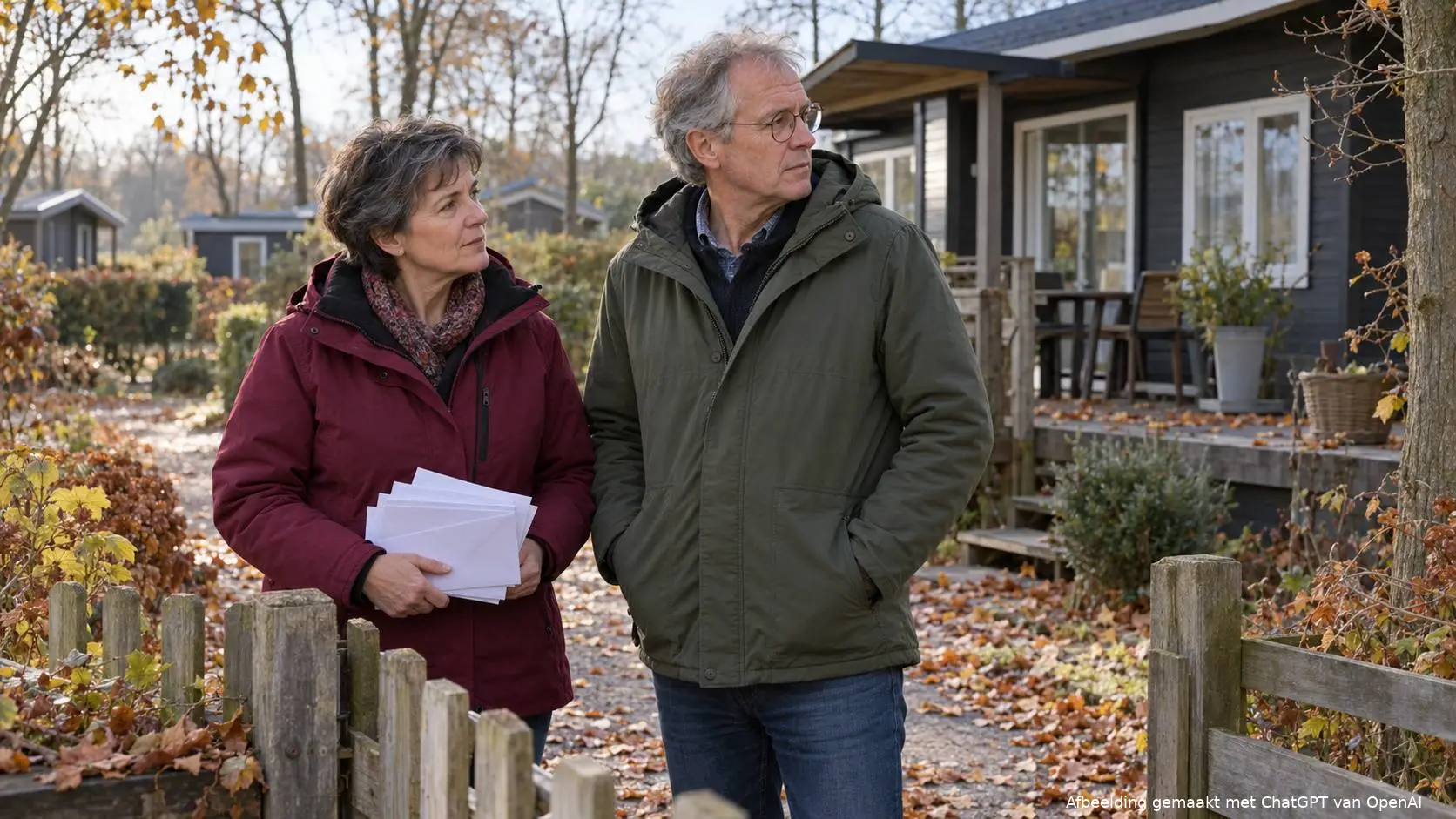 Broer en zus van rond de zestig staan bij het tuinhek van een houten vakantiehuis; de zus houdt enveloppen en rekeningen vast.