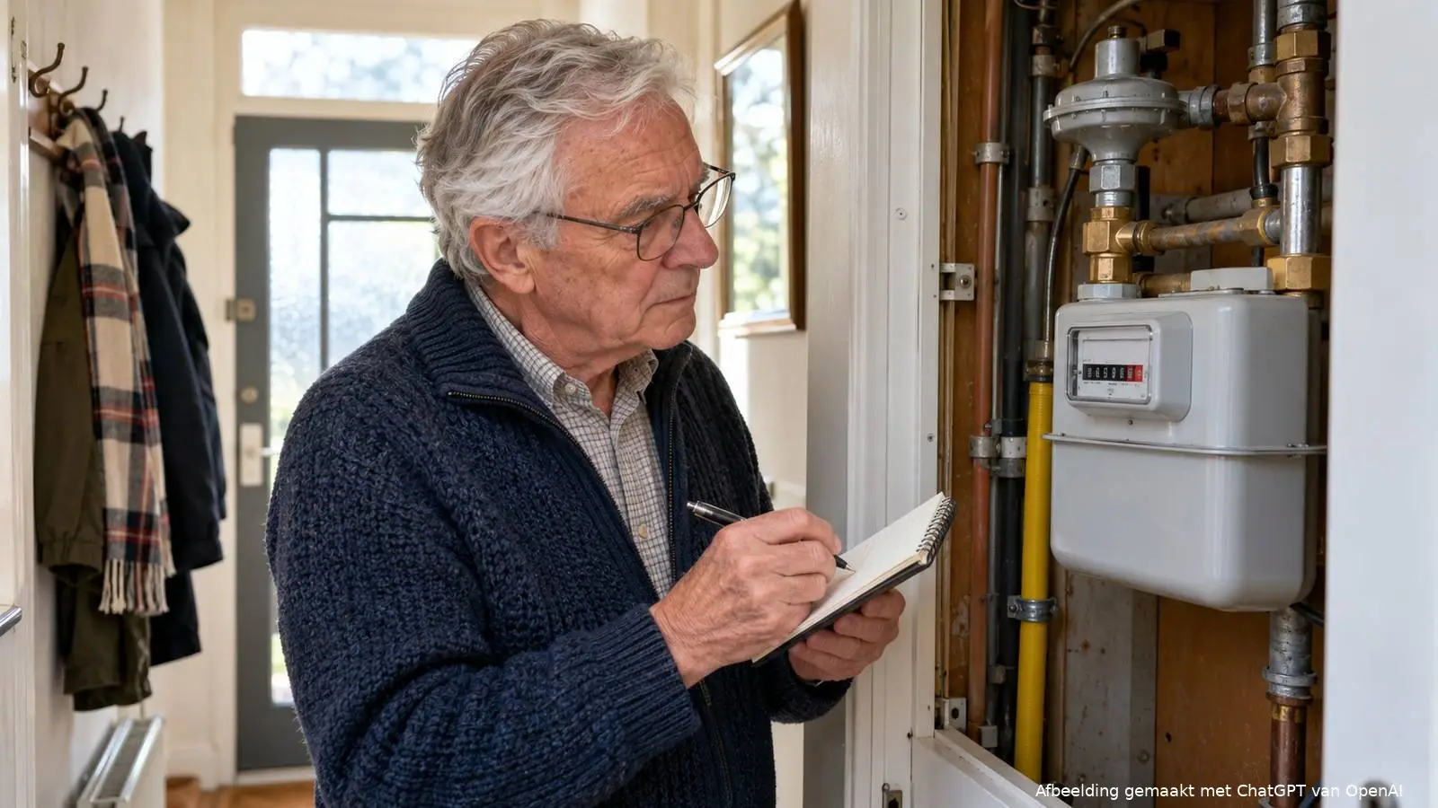 Oudere man noteert de gasmeterstand in een notitieboekje bij de open meterkast in zijn hal.