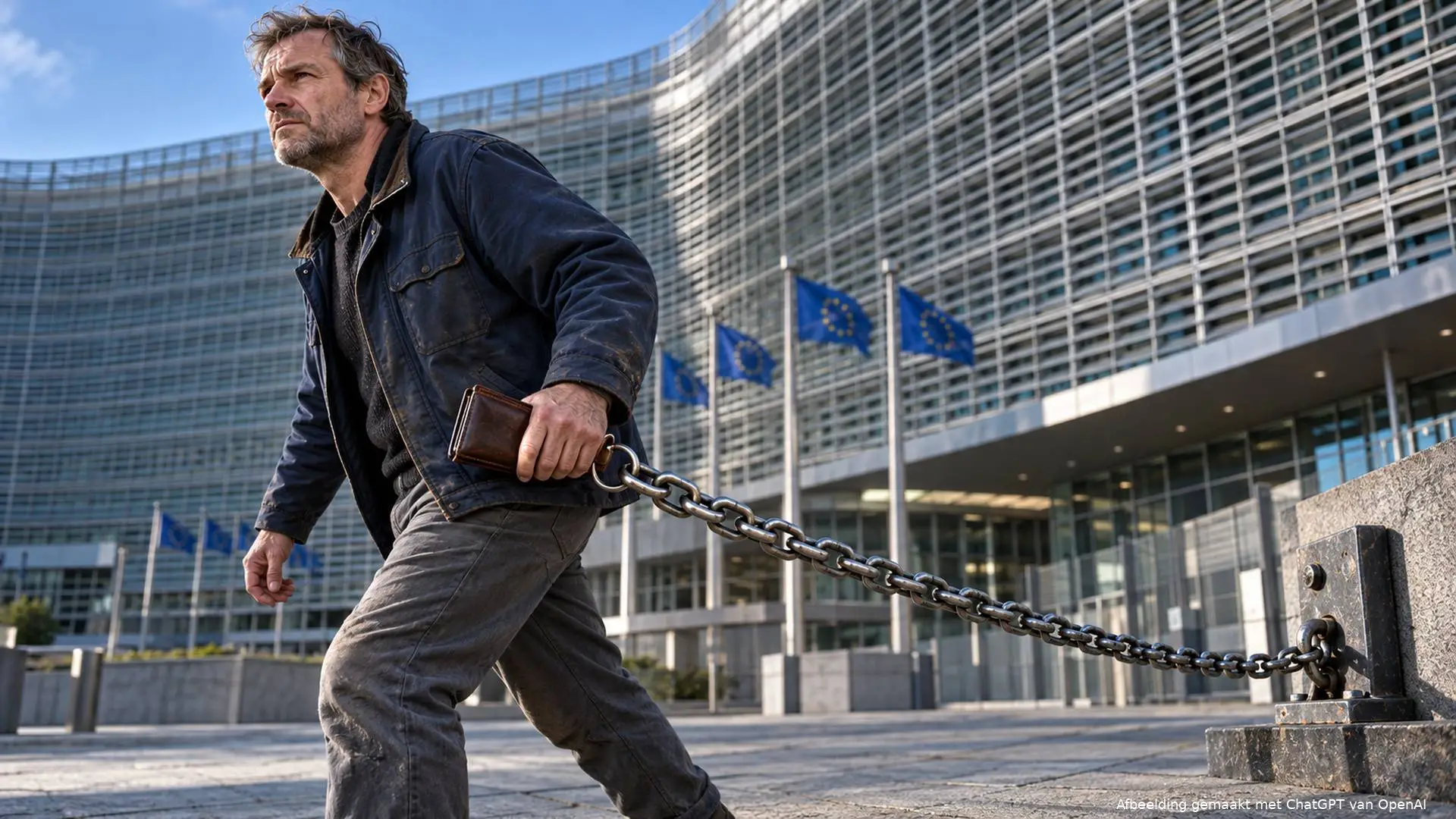 Een Nederlandse werkende wiens portemonnee met een zware ketting aan het Europese Commissiegebouw verbonden is.