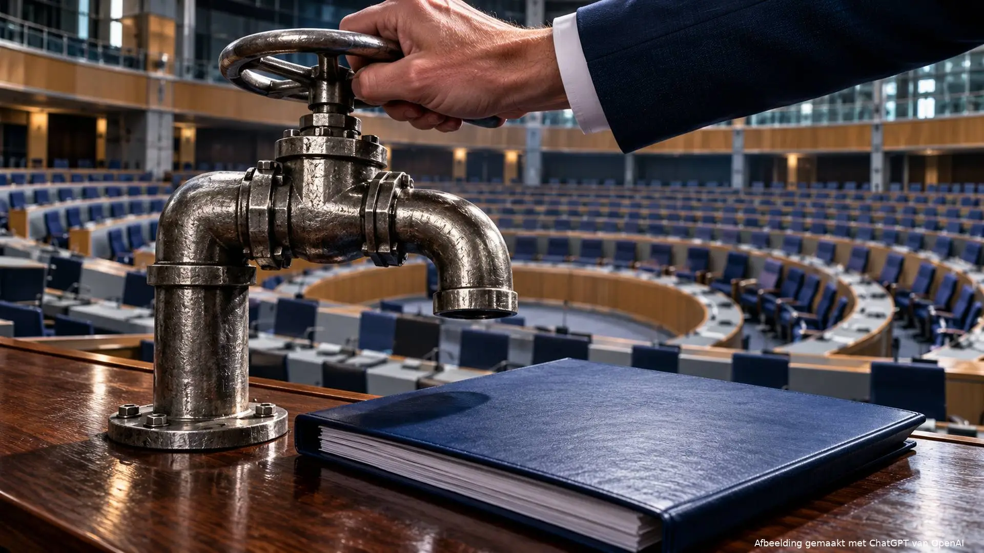 Een hand die een metalen subsidiekraan dichtdraait, met een Europese parlementszaal op de achtergrond.