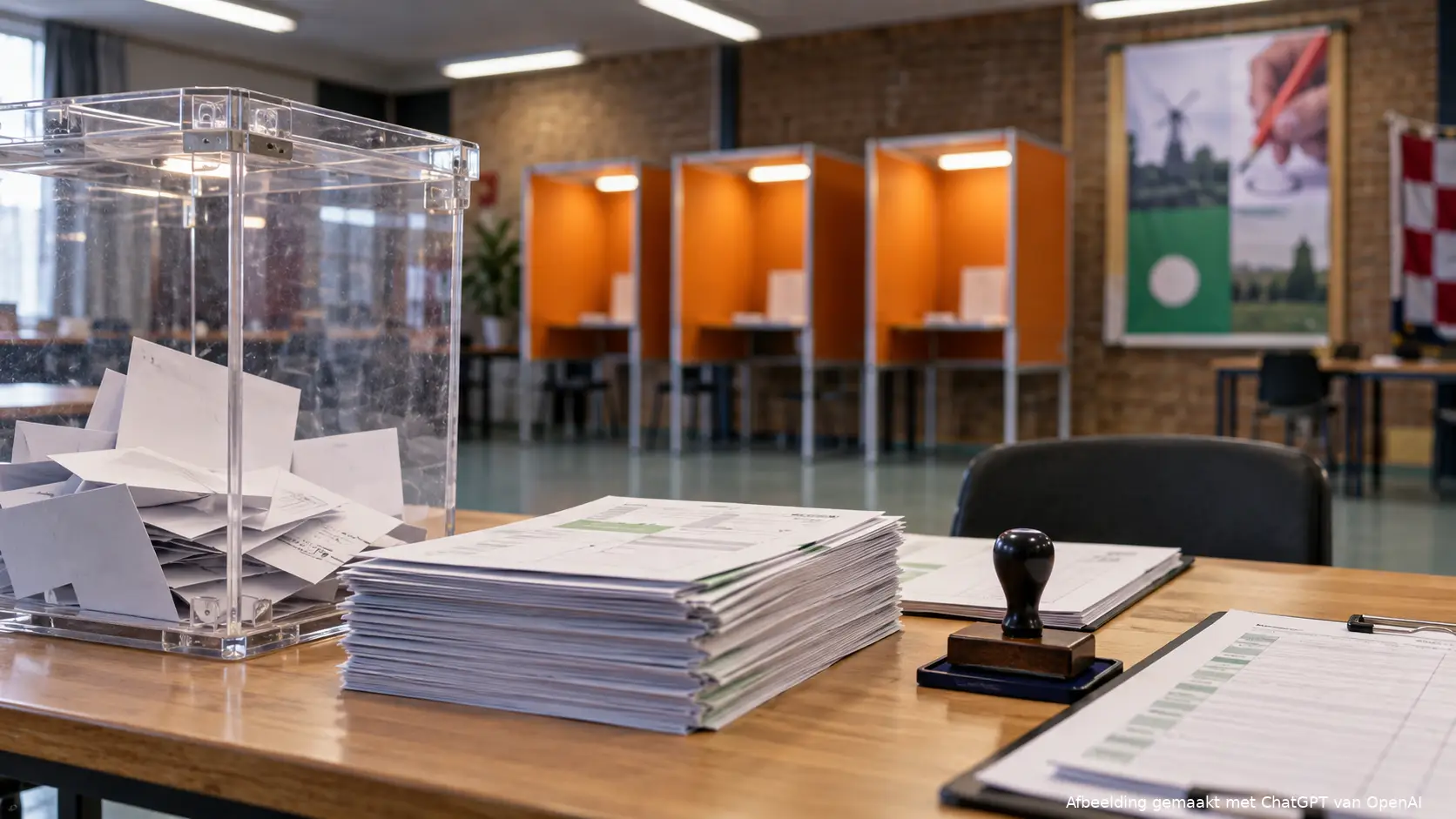AI-illustratie van een stembureau met een stembus en een stapel volmachtformulieren.