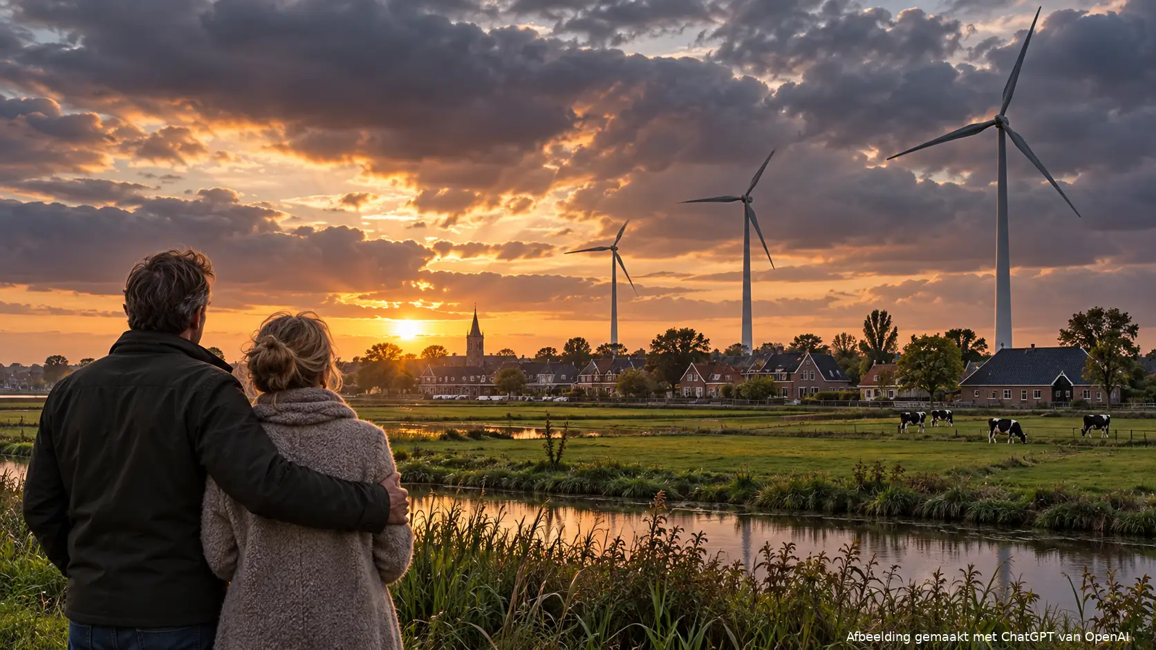 Illustratie van twee bewoners die naar drie mogelijke hoge windturbines bij een dorp in de Alblasserwaard kijken (AI-beeld).