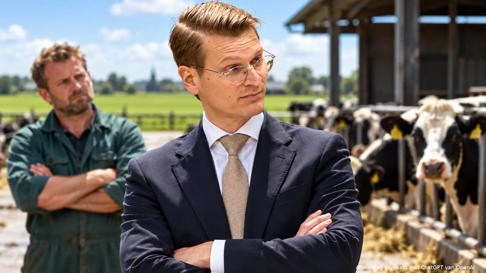 AI-illustratie van Jaimi van Essen op een boerenerf, met een melkveehouder en koeien achter hem.