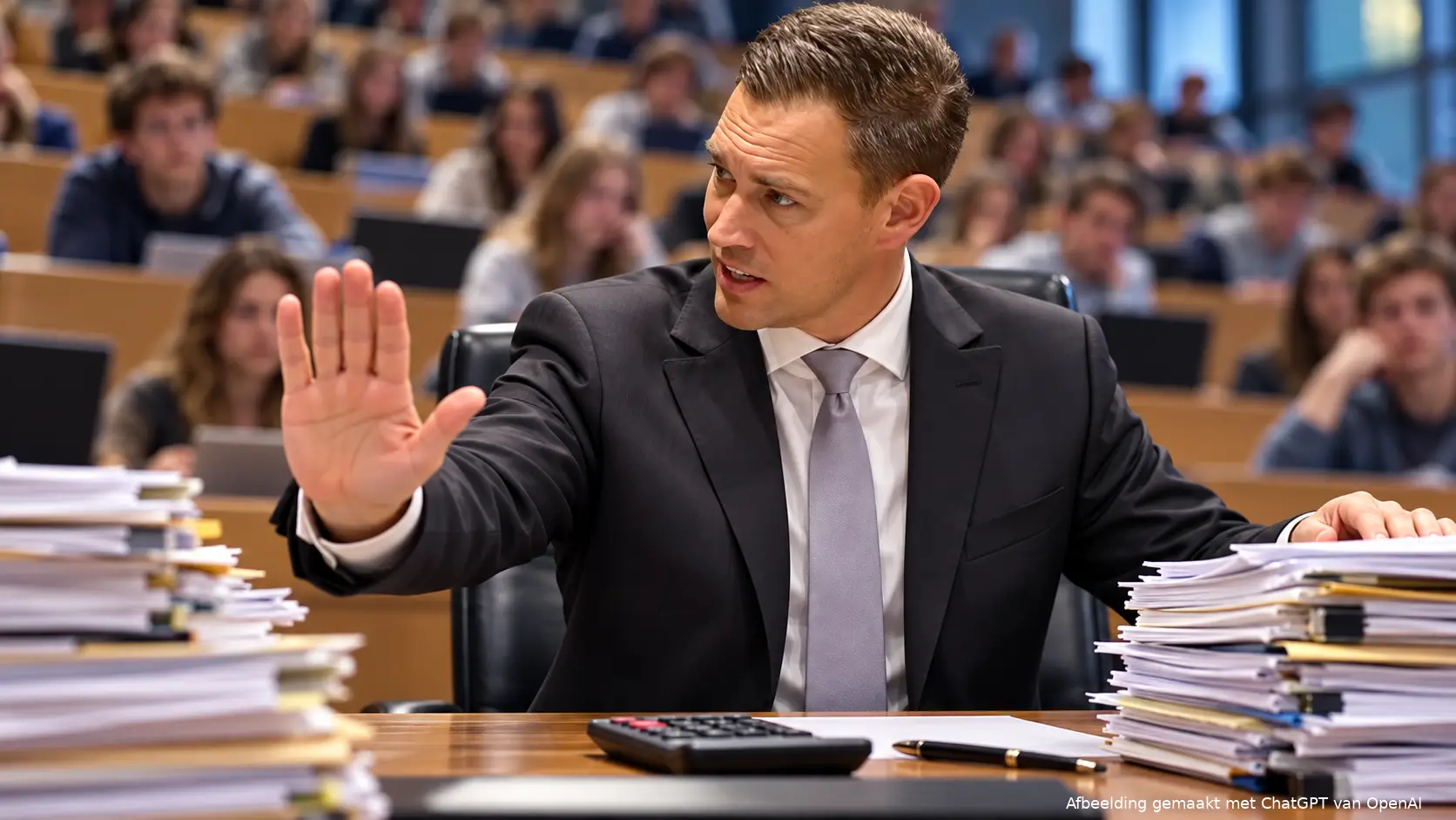 AI-illustratie van Eelco Heinen achter een bureau met nota’s, met studenten in een collegezaal op de achtergrond.