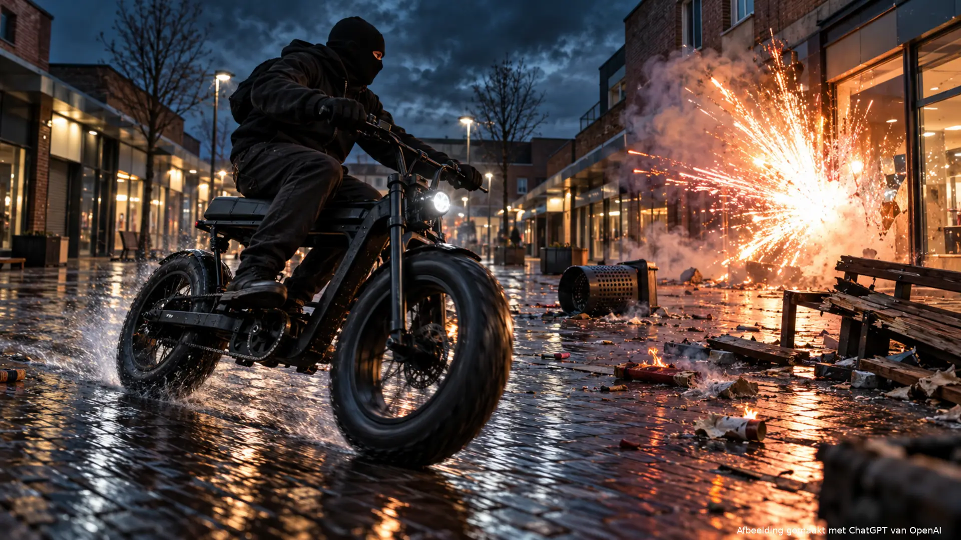 Illustratie van een gemaskerde figuur op een fatbike in een verlaten winkelstraat, waar vuurwerk ontploft bij een winkelpui.