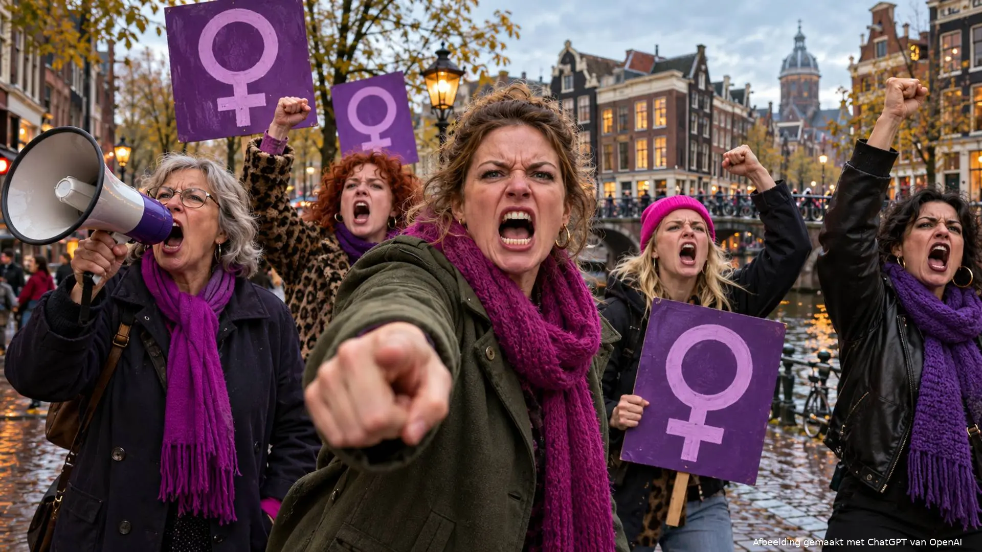 Woedende feministische demonstranten met protestborden en een megafoon bij een Amsterdamse gracht.