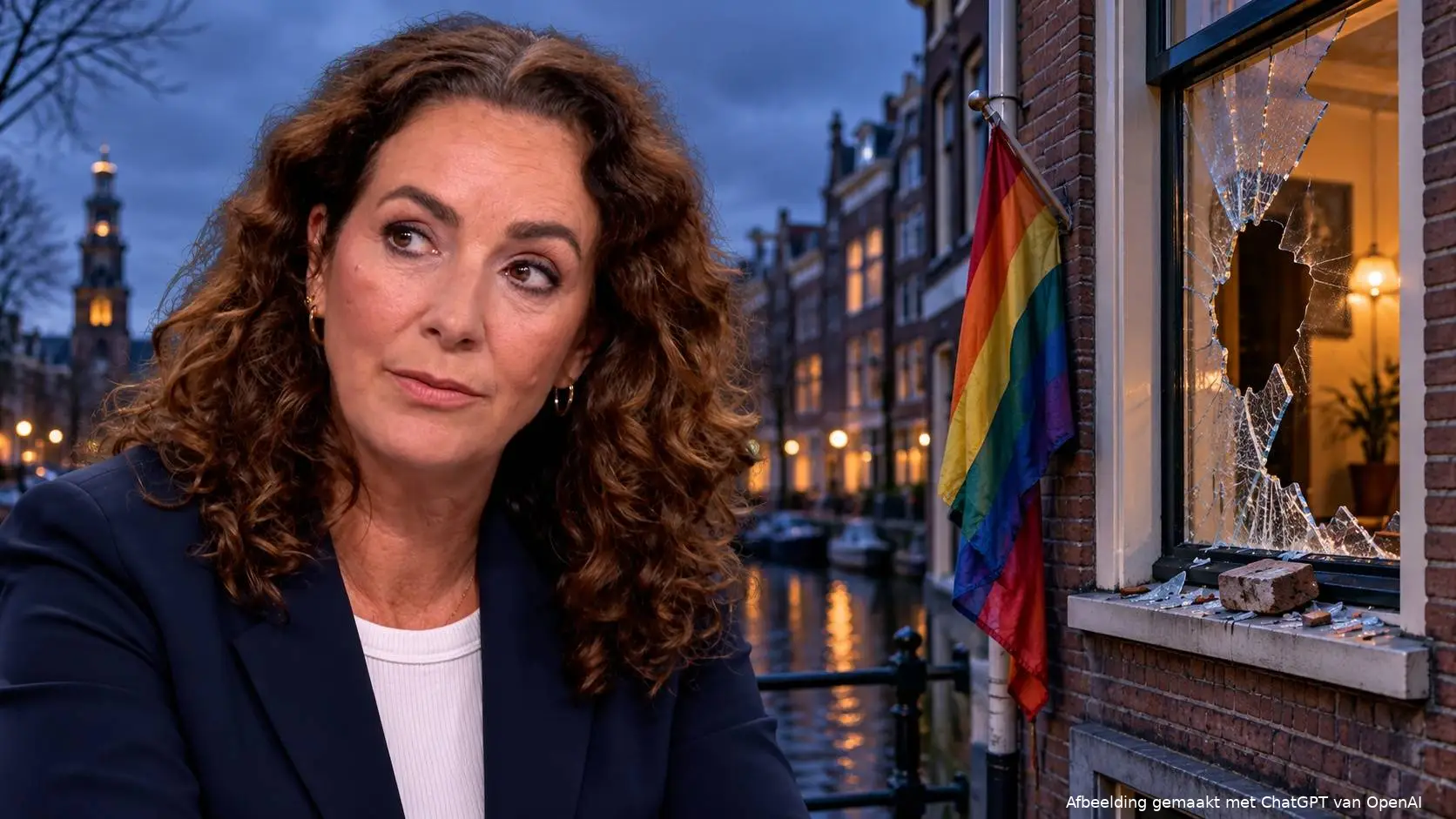 Symbolische AI-illustratie van Femke Halsema naast een gebroken raam met een baksteen en een regenboogvlag aan een Amsterdamse gevel.