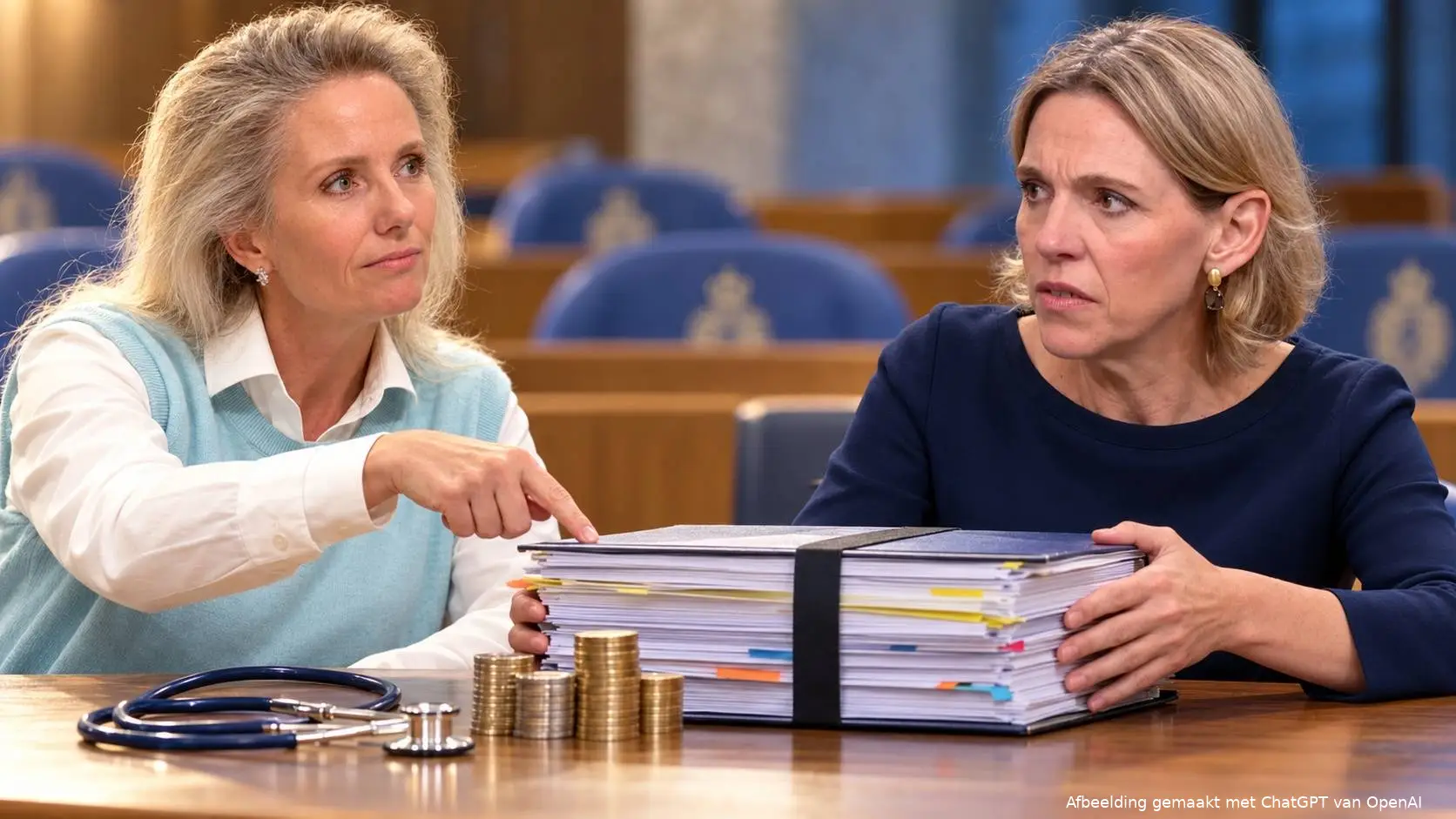 AI-illustratie van Fleur Agema die naar een dossierpakket wijst dat Mirjam Sterk vasthoudt, met een stethoscoop en munten op tafel.