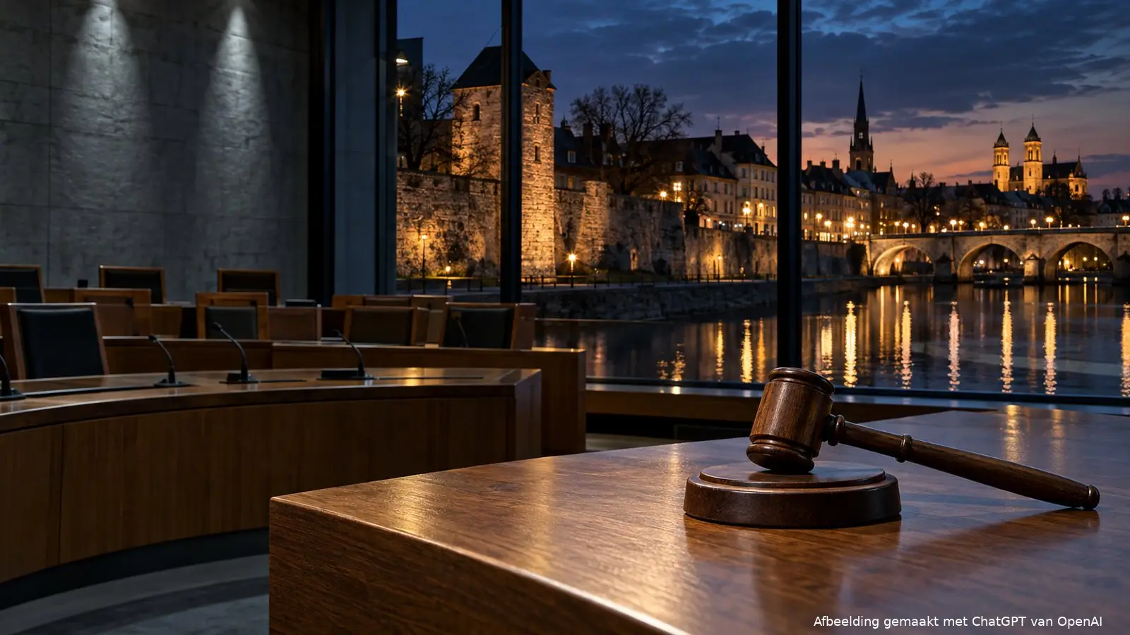 Lege raadszaal met voorzittershamer en zicht op een oude stadsmuur aan het water