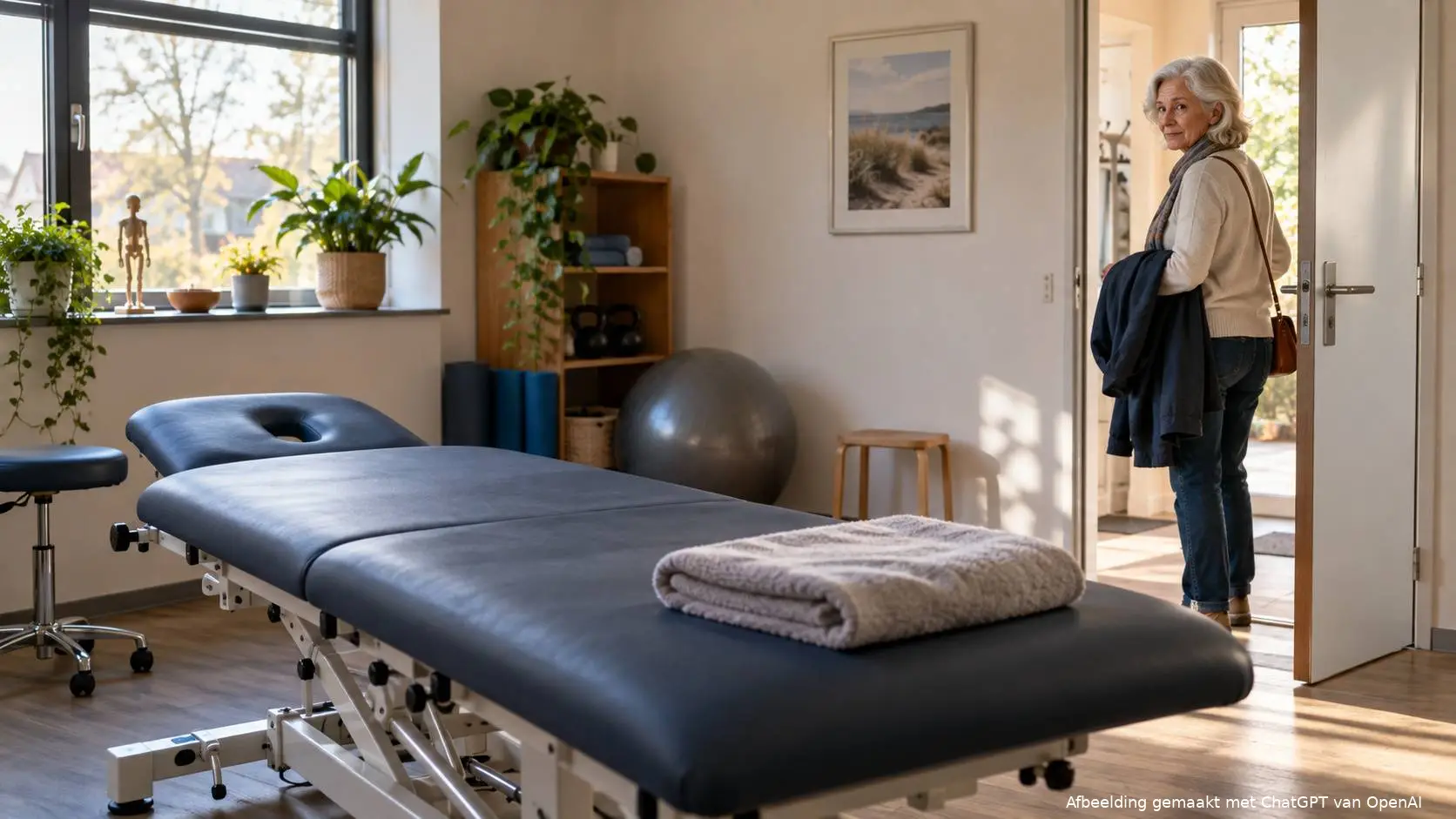en oudere vrouw die bij de deur van een lege fysiotherapiepraktijk staat.