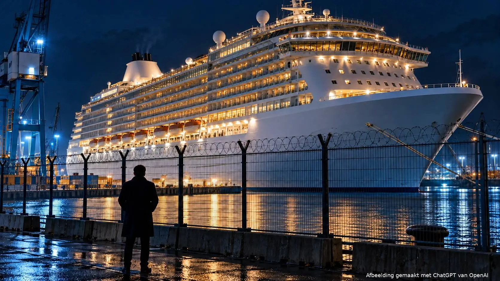 AI-illustratie van een verlicht cruiseschip 's avonds aan een havenkade achter een hek met prikkeldraad, een man kijkt toe.