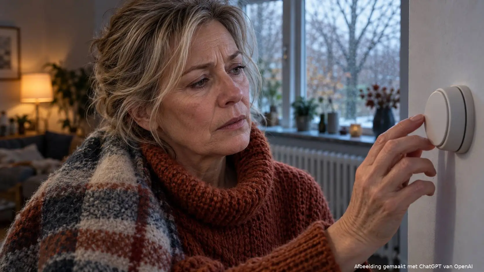 Vrouw met een plaid over haar schouder aarzelt bij de thermostaat op een koude ochtend.