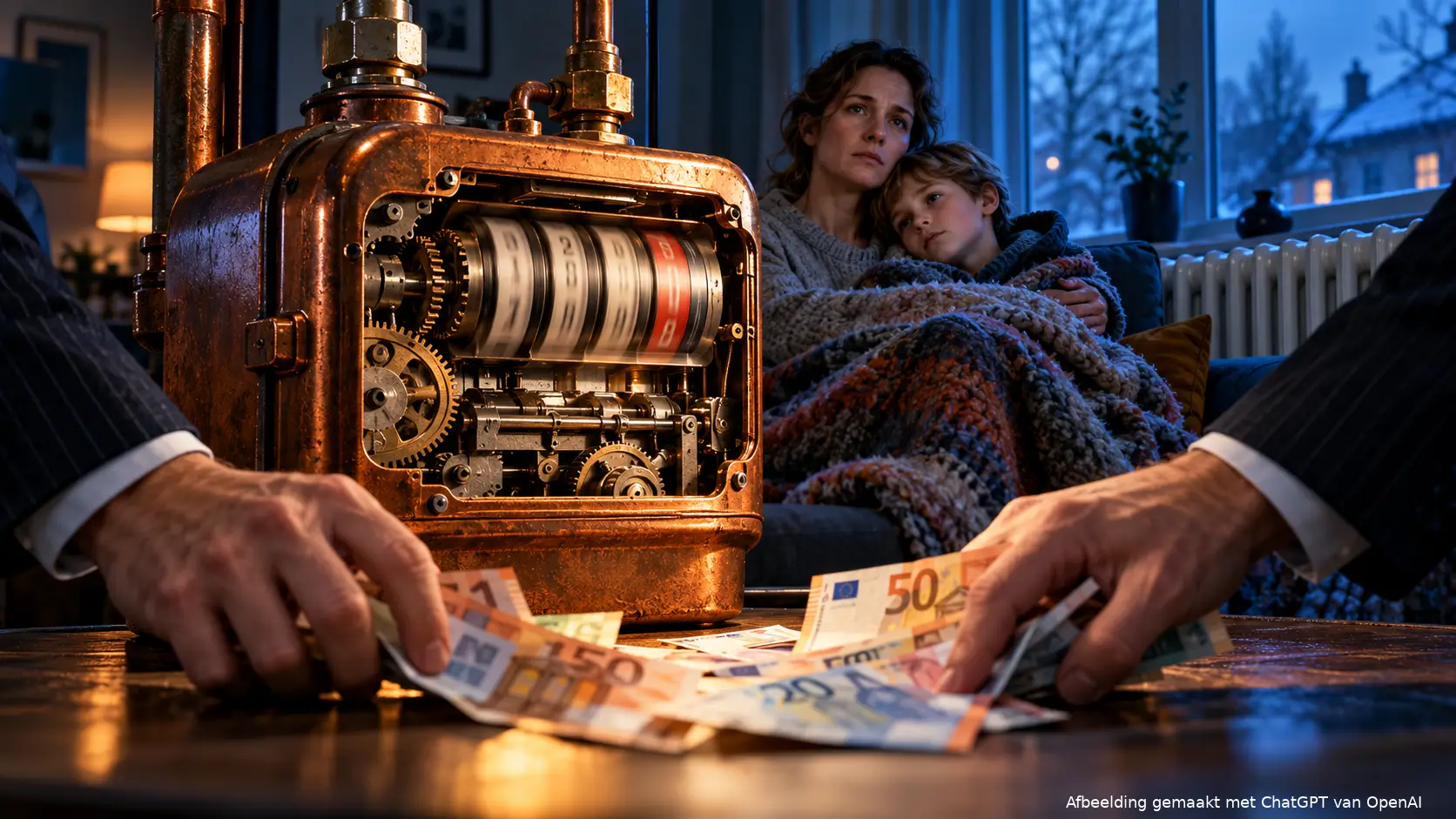 Moeder en kind onder een deken, met een doordraaiende gasmeter en handen die eurobiljetten wegnemen.