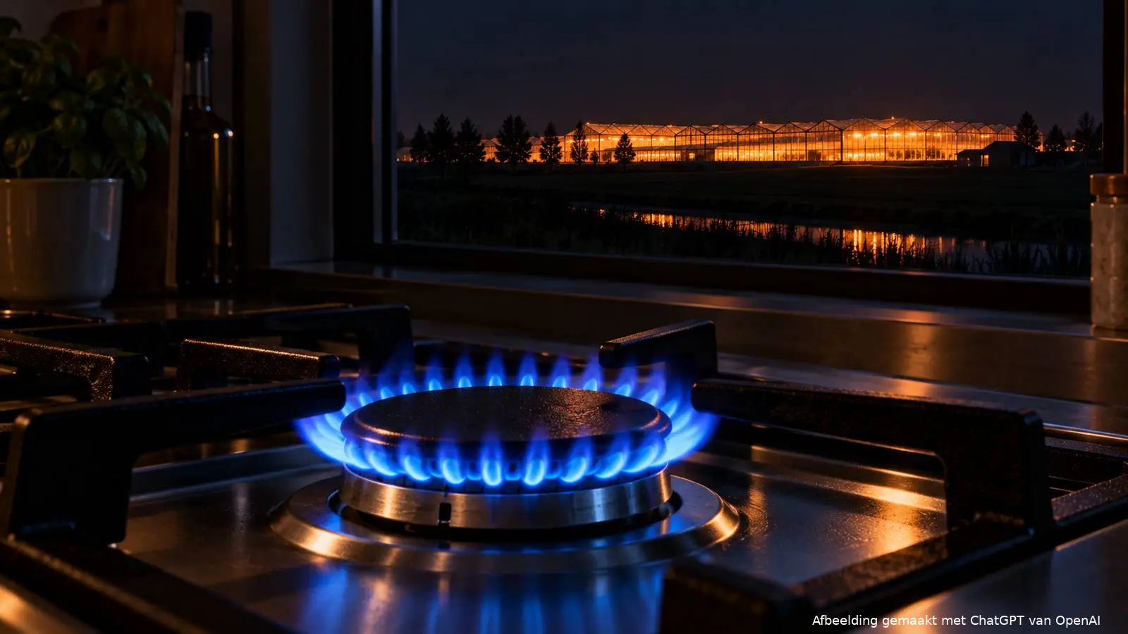 Een gaspit met een blauwe vlam op een fornuis in een donkere keuken, met door het raam in de verte een oranje verlicht kassencomplex in de nacht.