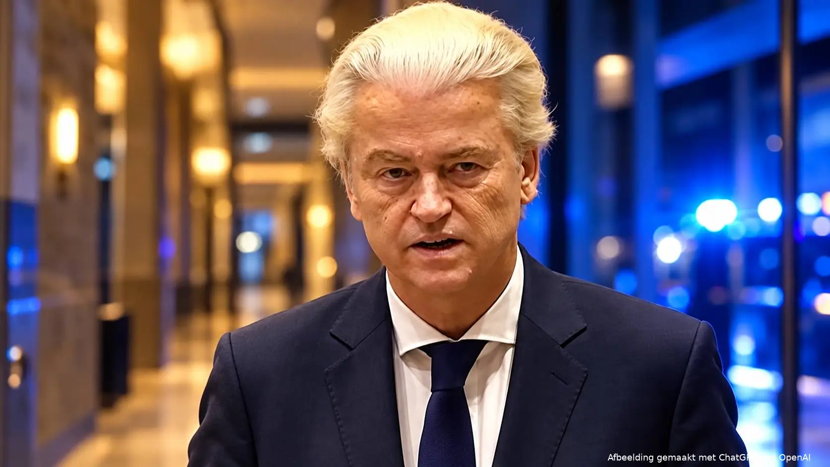 AI-illustratie van Geert Wilders met ernstige blik, met op de achtergrond onscherp blauw politielicht.