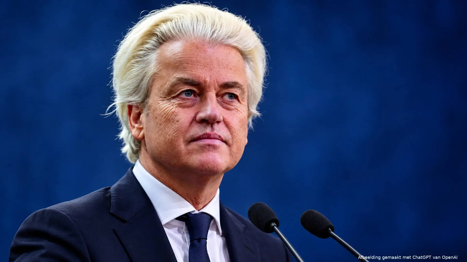 Portretillustratie van Geert Wilders achter twee microfoons tegen een donkerblauwe achtergrond.