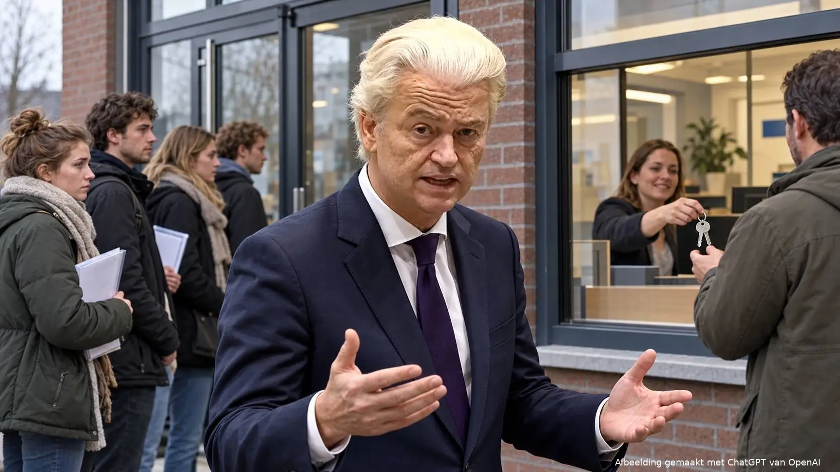 Illustratie van Geert Wilders voor een woningcorporatie, waar jonge woningzoekenden wachten terwijl bij een ander loket sleutels worden overhandigd.