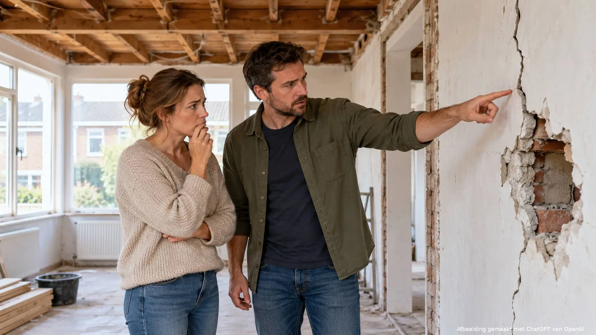 Een stel dat een gat en een scheur in een muur bekijkt in een kale woning met blootliggende balken