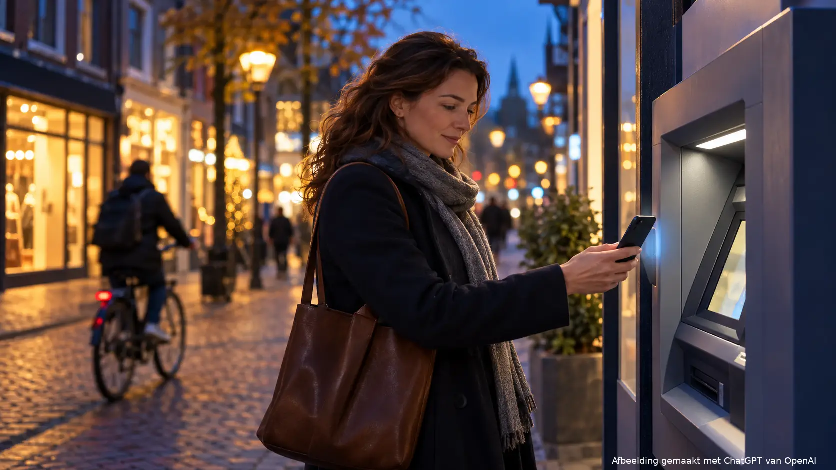 Vrouw houdt haar smartphone bij een geldautomaat in een winkelstraat tijdens de schemering.