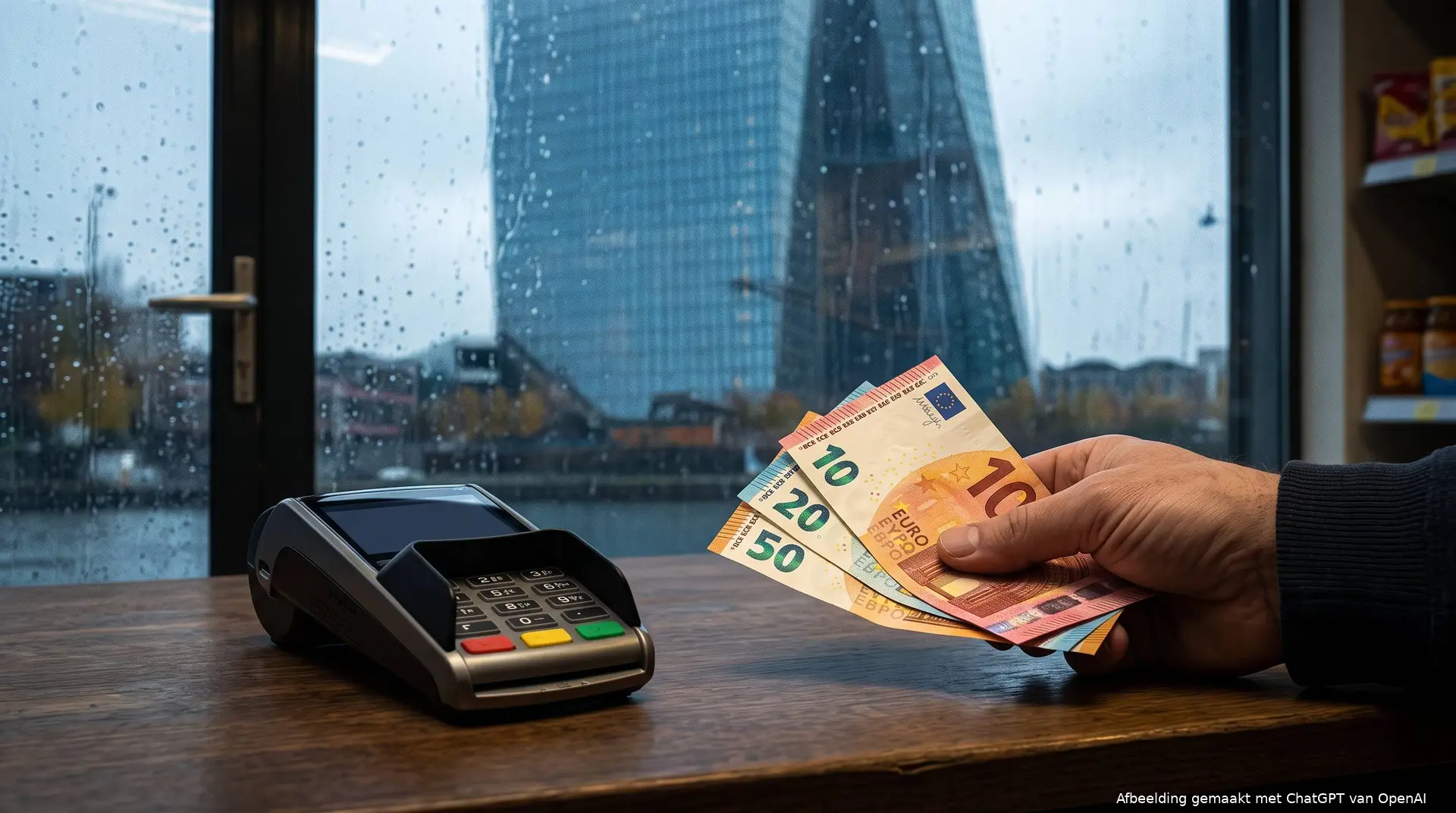 Een hand met contant geld naast een betaalterminal, met het ECB-gebouw symbolisch weerspiegeld op de achtergrond.