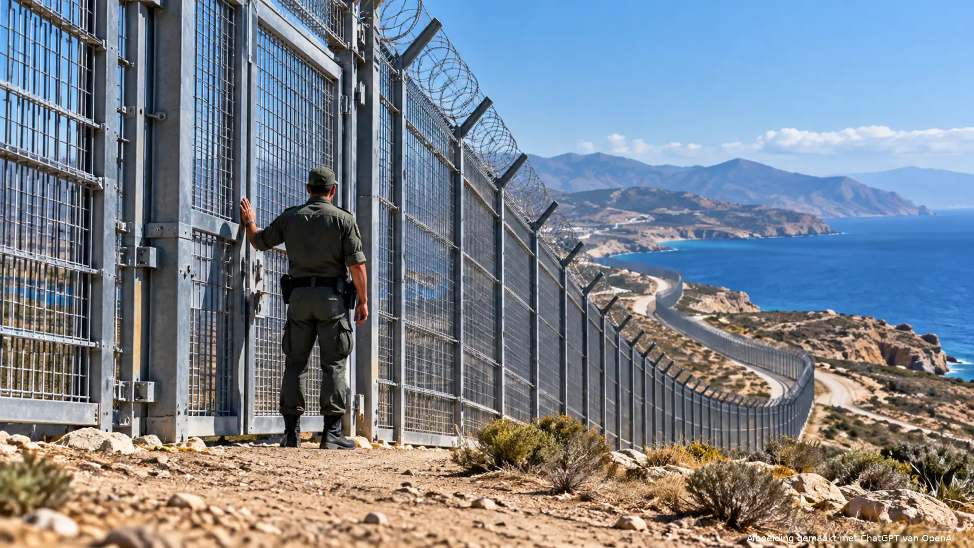 Een grensbewaker bij een gesloten grenshek in een mediterraan kustlandschap.
