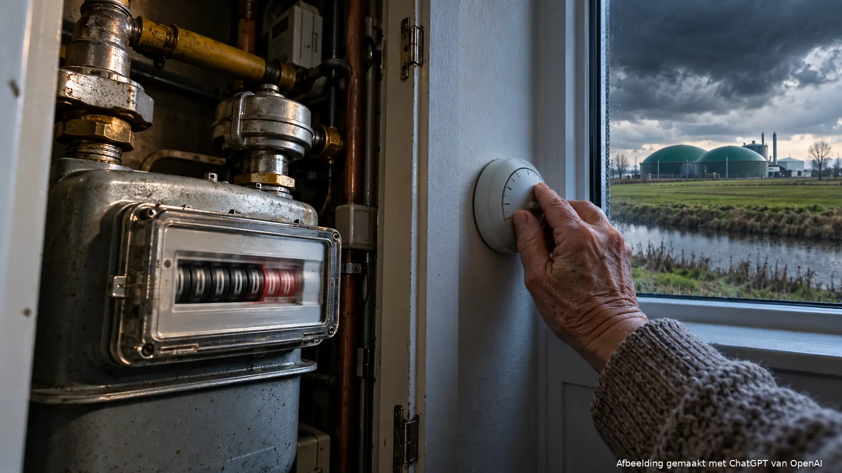 Een hand die een thermostaat lager draait naast een gasmeter, met een mestvergister buiten het raam.