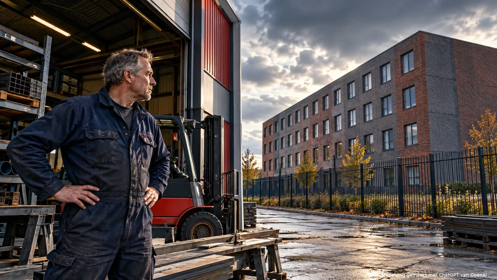 Ondernemer bij zijn werkplaats, met metaalrekken en een heftruck naast een hek waarachter een groot logiesgebouw staat.