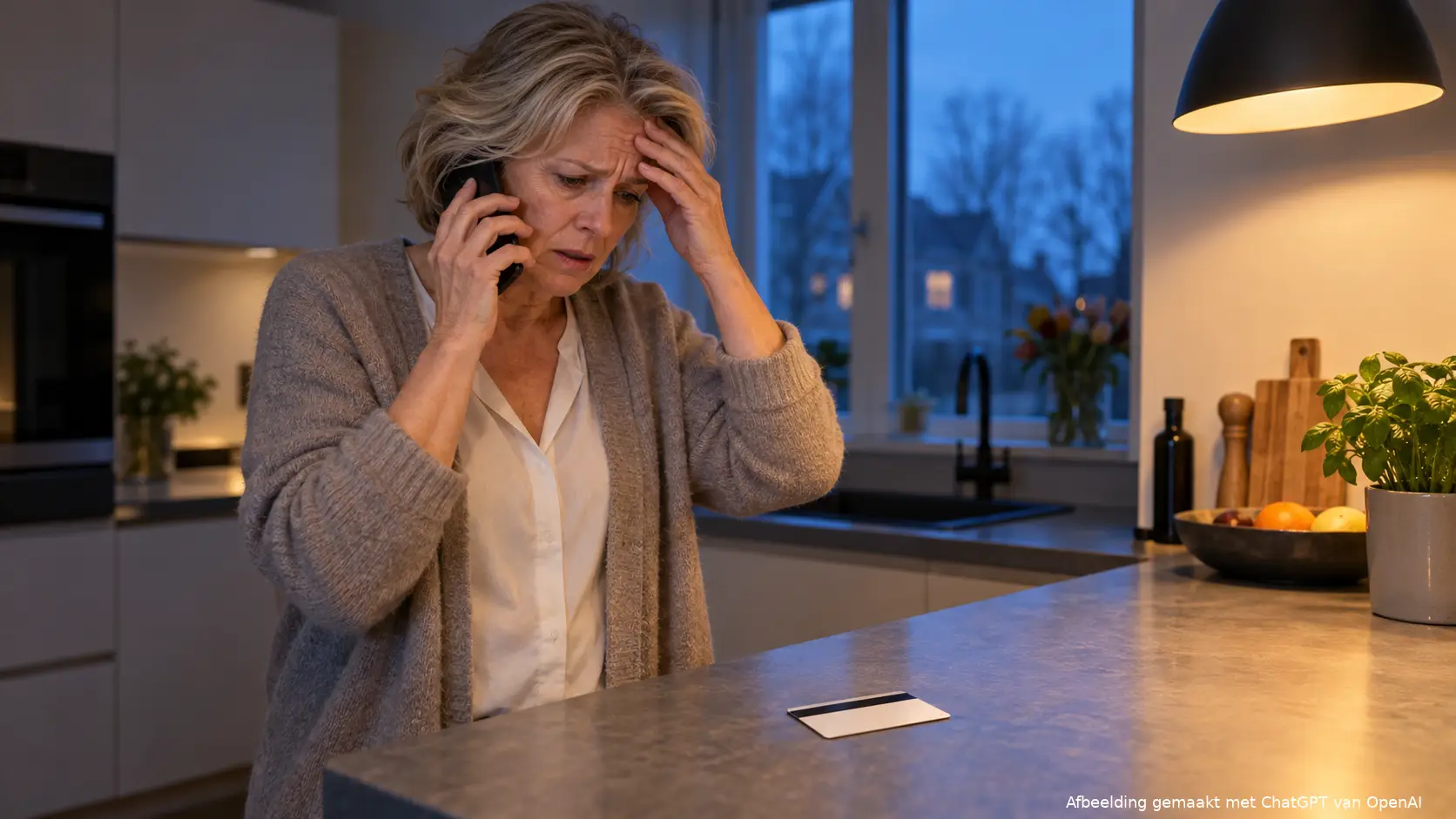Vrouw staat gespannen te bellen bij het aanrecht in haar keuken, met een creditcard naast zich