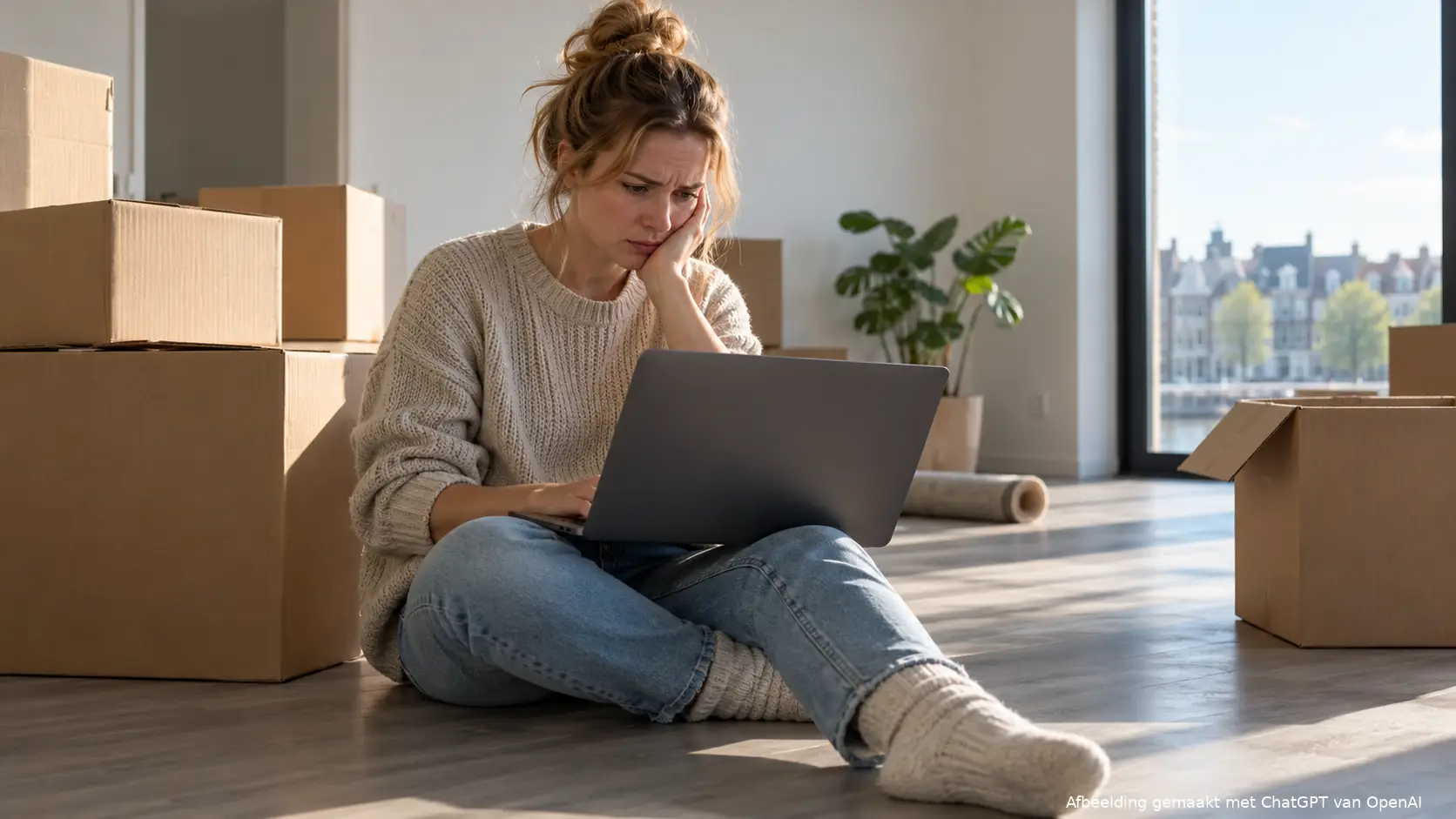Jonge vrouw zit tussen verhuisdozen in een lege woning en kijkt bezorgd naar haar laptop
