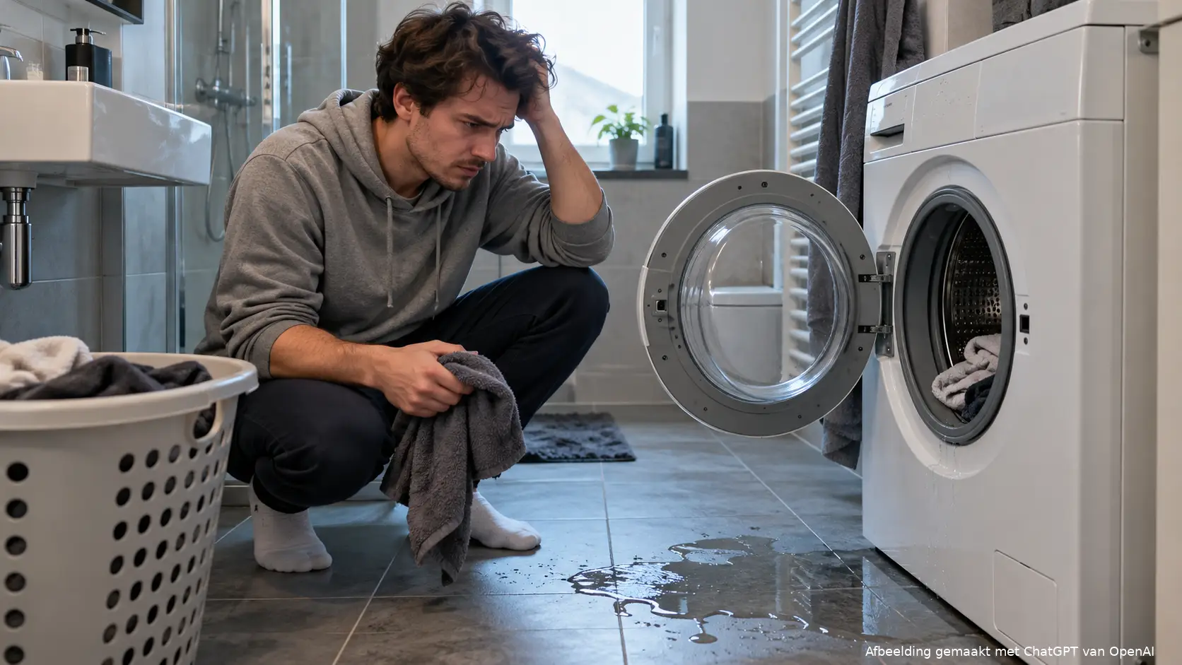 Jonge man in een hoodie zit gehurkt voor een open wasmachine met een plas water op de tegelvloer en kijkt bezorgd.