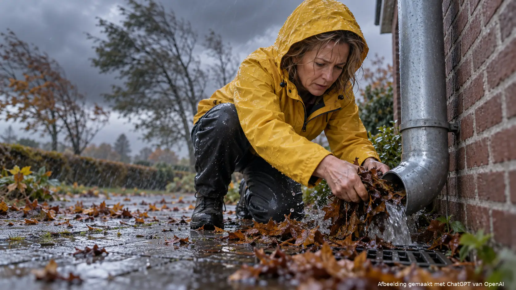 Vrouw in een gele regenjas haalt tijdens een herfststorm natte bladeren uit de onderkant van een regenpijp naast een bakstenen huis.