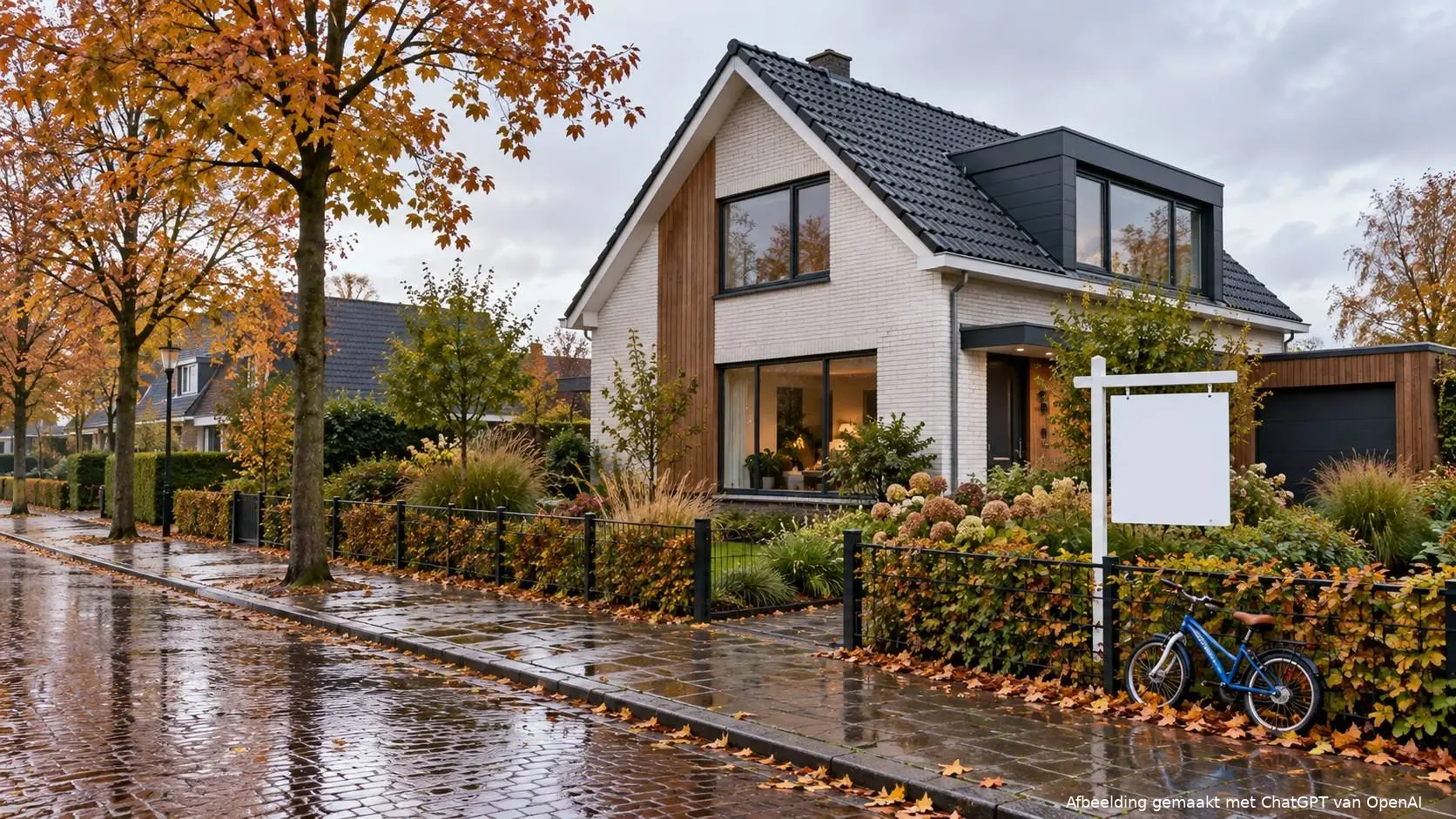 Vrijstaand huis met een te-koopbord in de voortuin en een kinderfiets tegen het hek