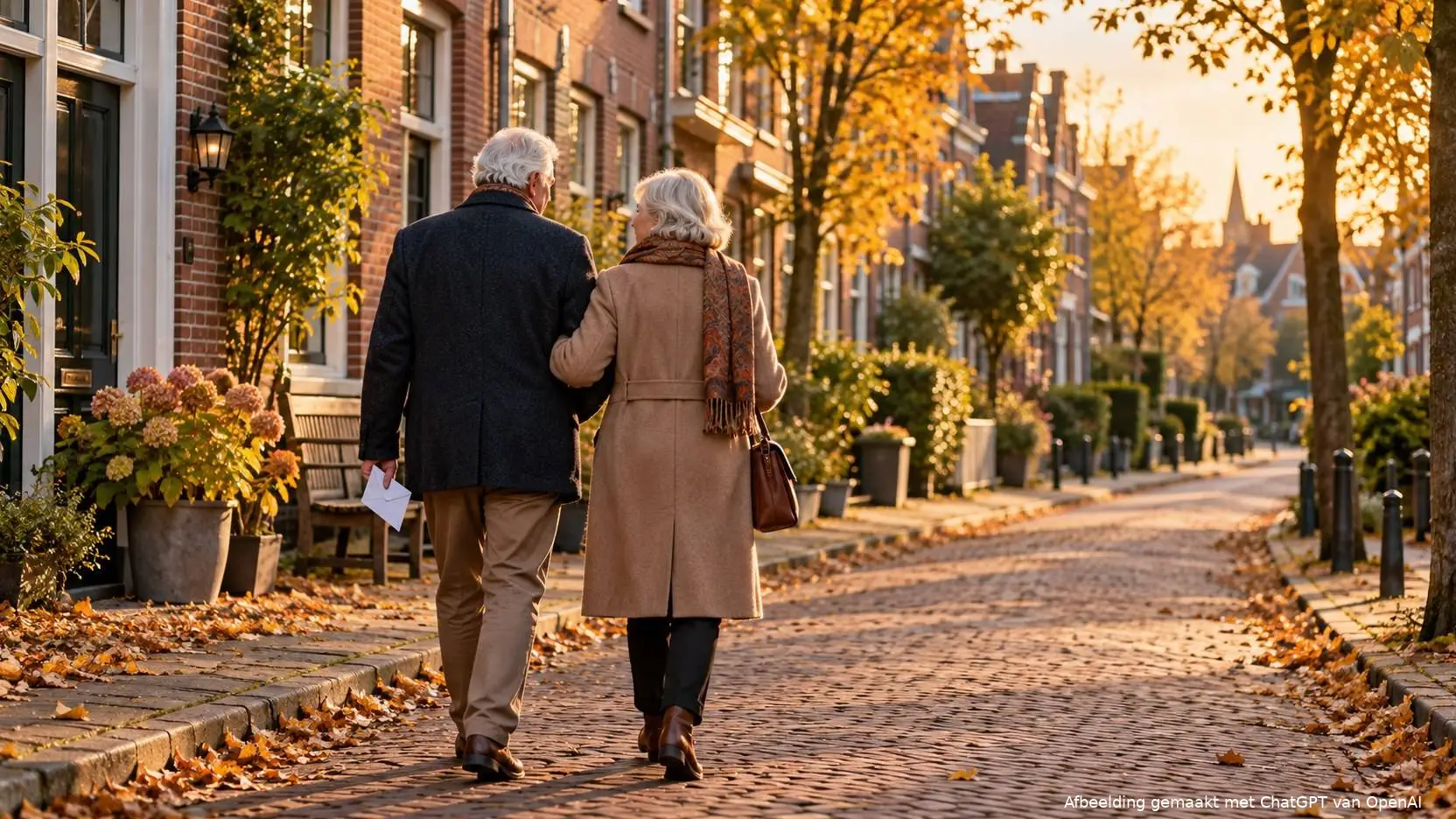 Oudere man en vrouw lopen gearmd door een straat met rijtjeshuizen in herfstlicht, een van hen met een envelop in de hand