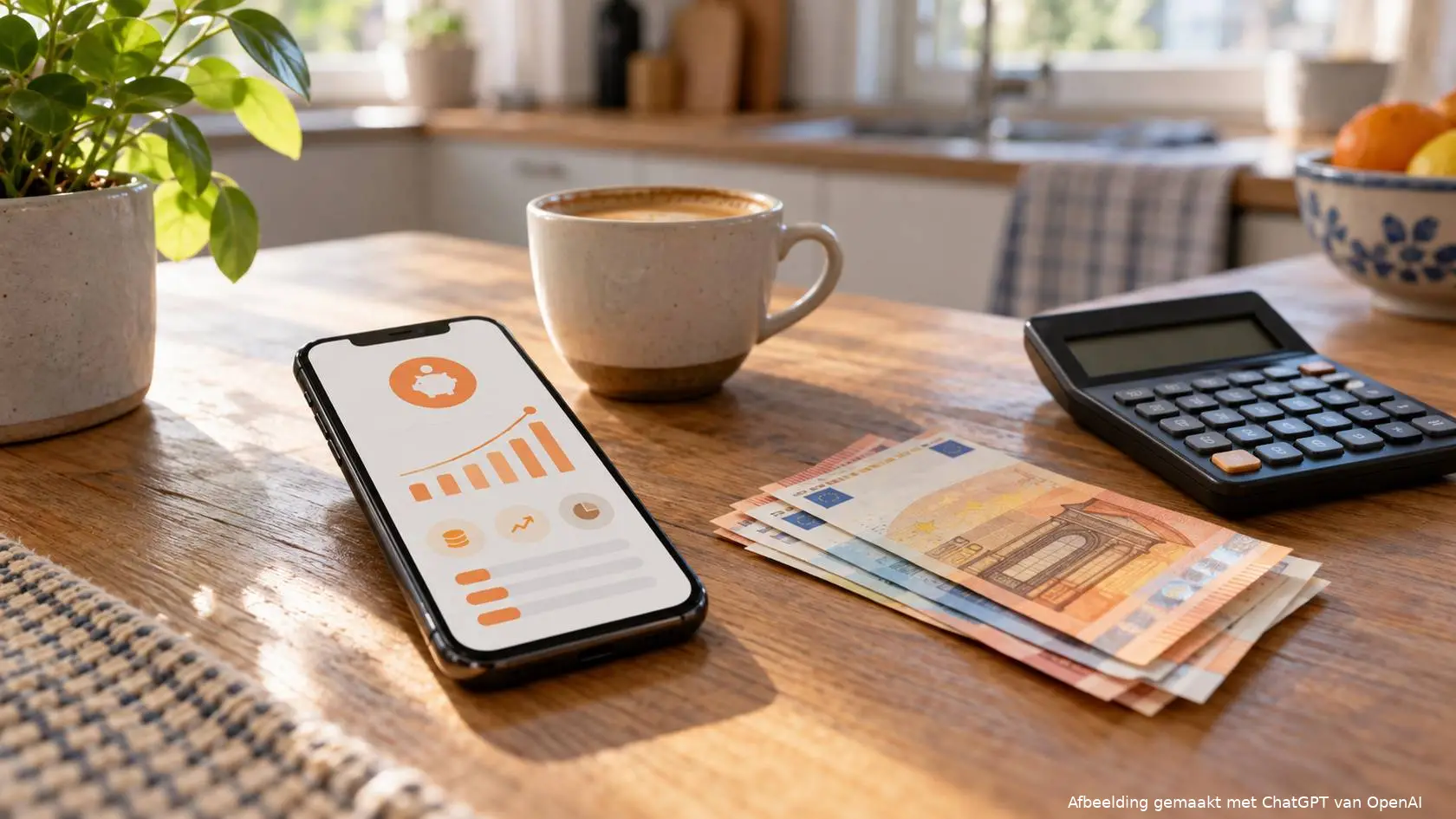Smartphone met een spaarapp naast eurobiljetten, een rekenmachine en een kop koffie op de keukentafel