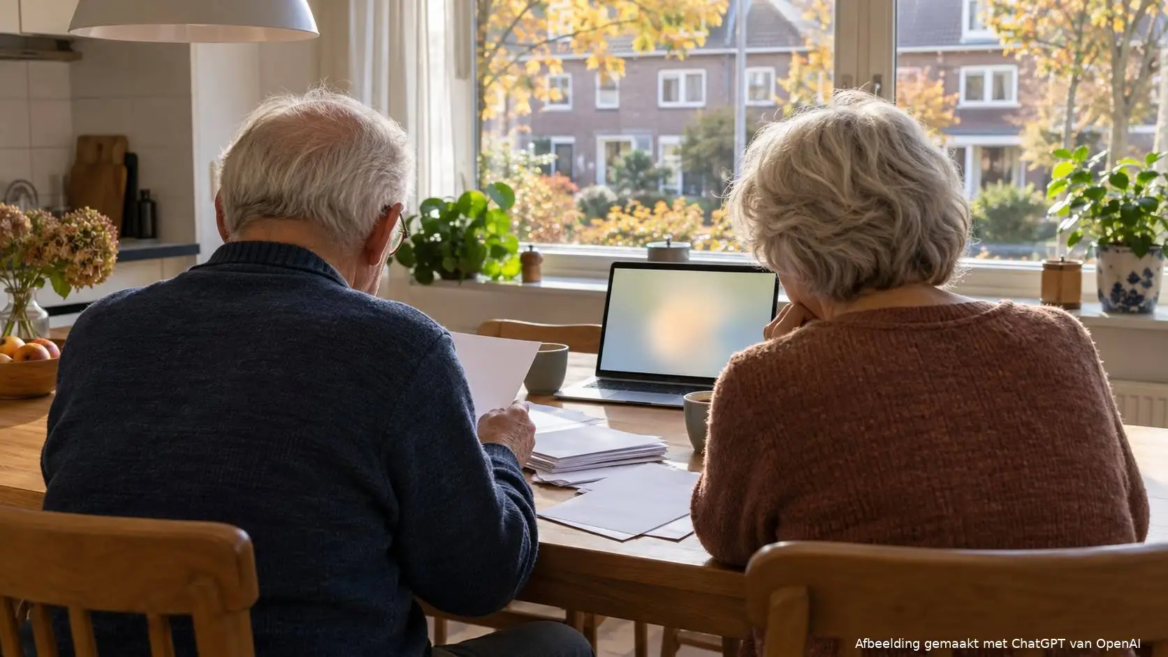 Ouder echtpaar aan de keukentafel met brieven en een laptop op een herfstochtend