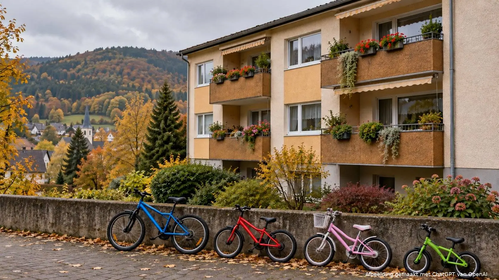 Appartementengebouw in een heuvelachtig dorp in de herfst, met vier kinderfietsen tegen een muurtje