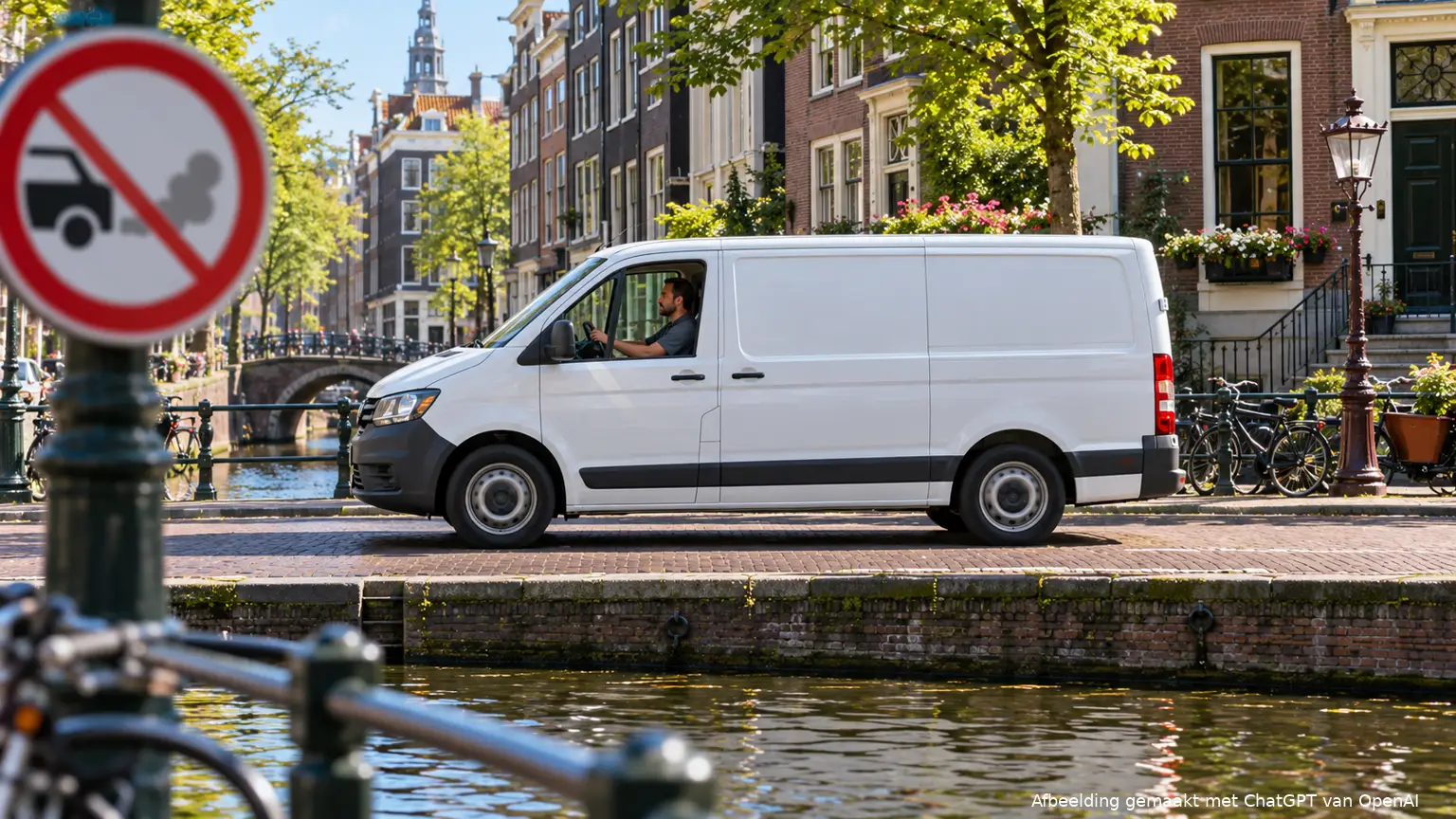 Witte bestelbus rijdt langs een gracht in een binnenstad, met een verkeersbord voor de milieuzone op de voorgrond