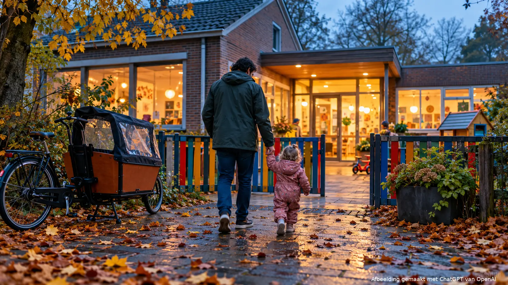 Vader brengt peuter op een herfstochtend naar de ingang van een kinderdagverblijf, met een bakfiets bij het hek