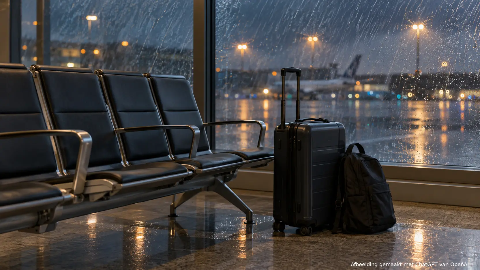 Rolkoffer en rugzak naast een lege rij stoelen in een vertrekhal, met regen tegen de ramen en een vliegtuig buiten