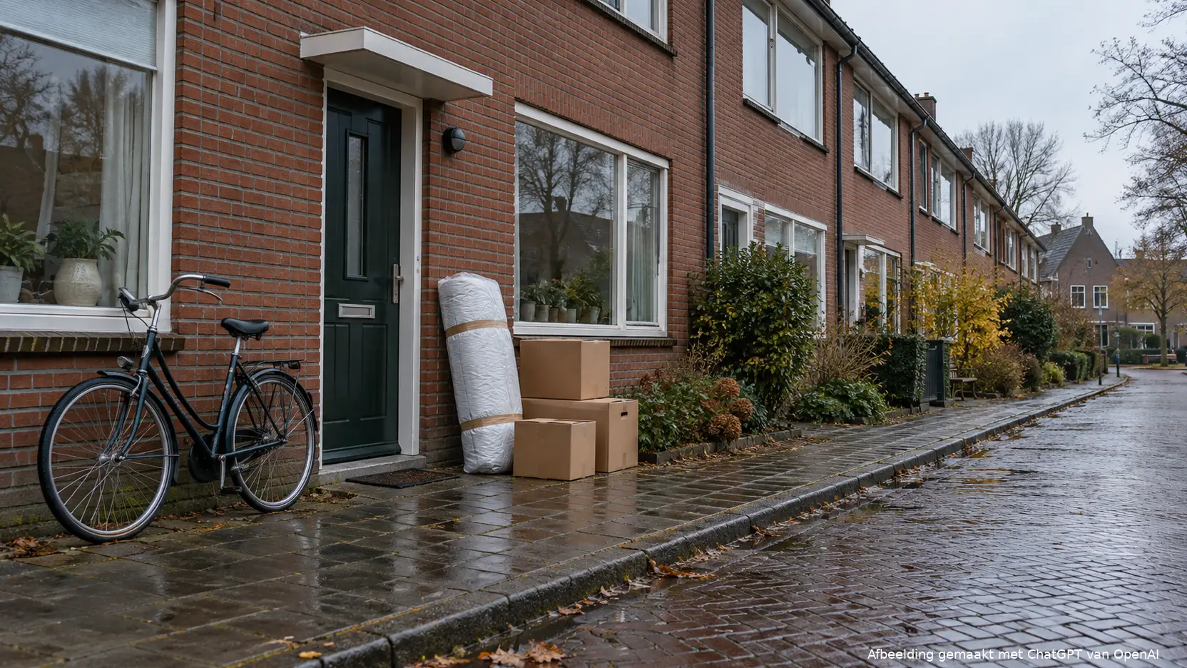 Rij bakstenen rijtjeshuizen op een natte herfstdag, met verhuisdozen, een opgerolde matras en een fiets bij één voordeur