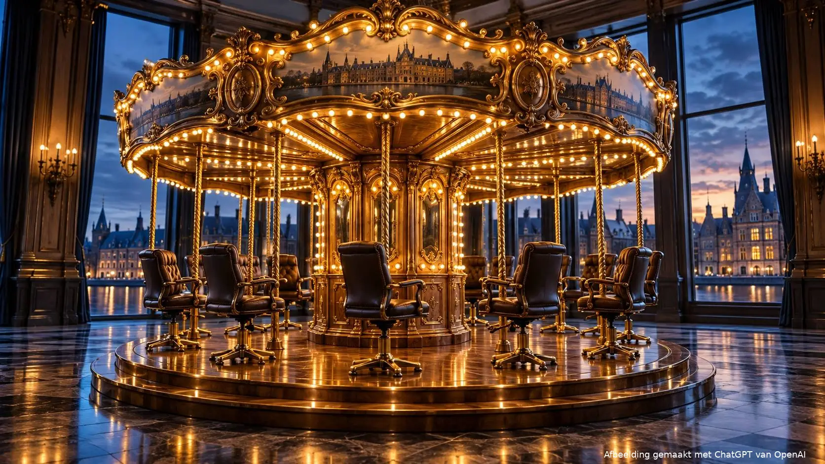 AI-illustratie van een goudverlichte draaimolen met lege bureaustoelen in een Haagse zaal, met het Binnenhof op de achtergrond.