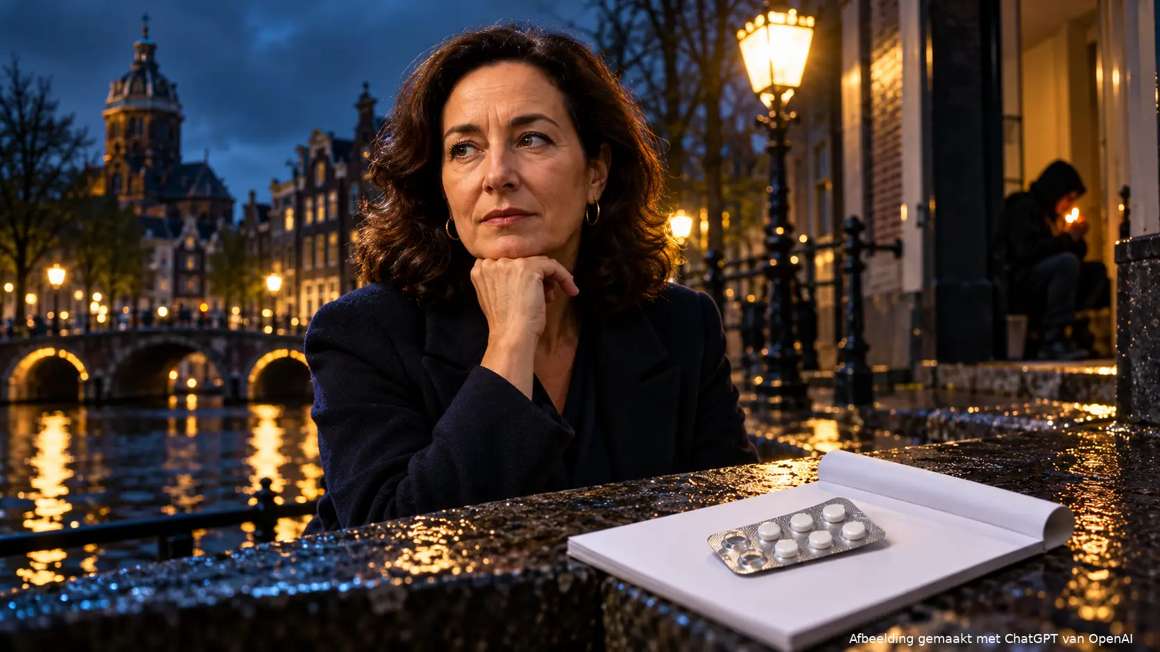 Femke Halsema aan een Amsterdamse gracht, met witte pillen op een blanco receptblok op de voorgrond.