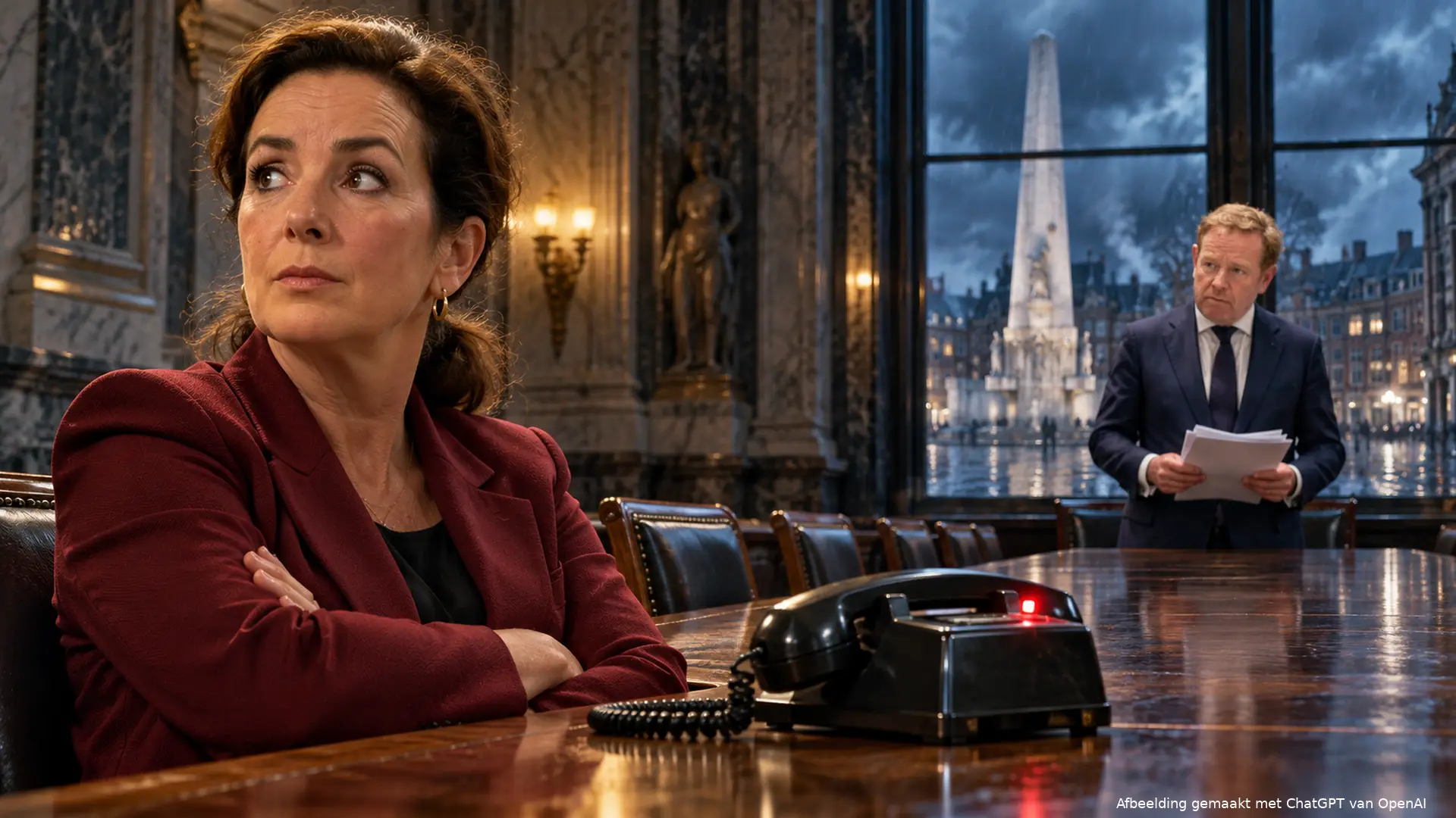 Illustratie van Femke Halsema met gekruiste armen naast een zwarte telefoon, met David van Weel en het Nationaal Monument op de achtergrond.