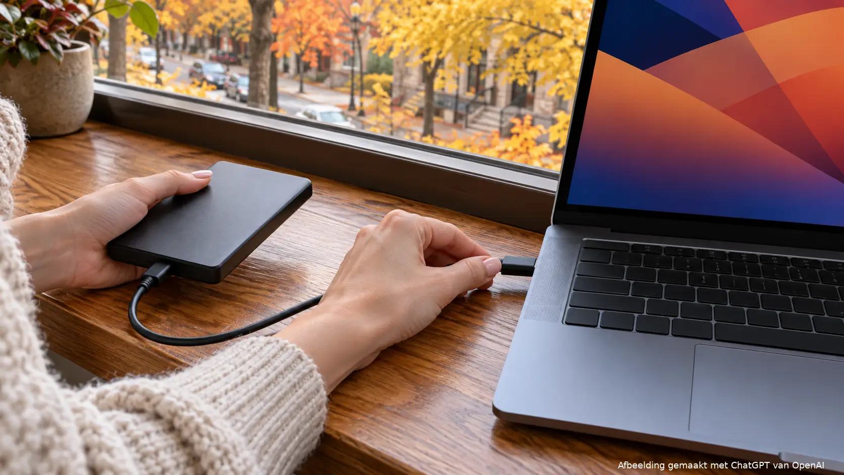 Handen sluiten een externe harde schijf aan op een laptop op een vensterbank met herfstbomen buiten.