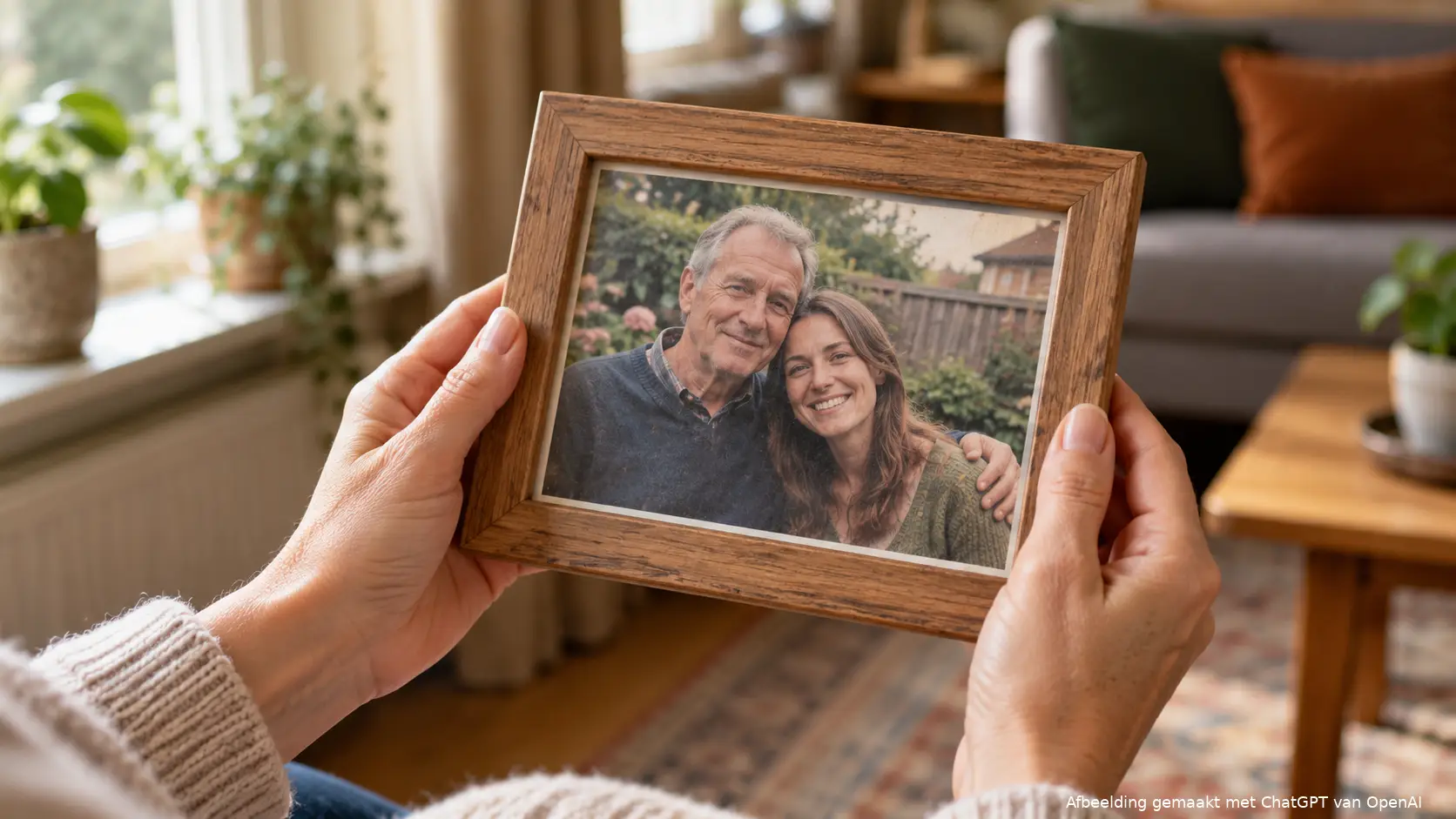 Handen houden een houten fotolijstje vast met een familiefoto van een vader en dochter.