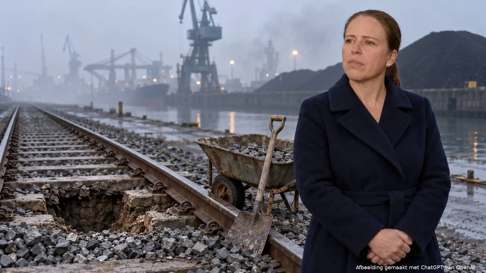 Illustratie van Carola Schouten bij een havenspoor met uitgegraven ballast, een kruiwagen en een schep, met havenkranen en een kolenberg in de mist.